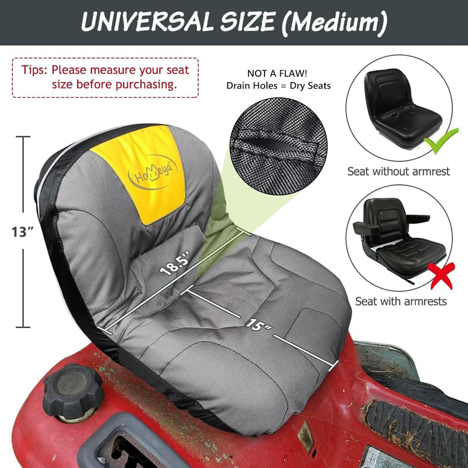 HOMEYA Riding Lawn Mower Seat Cover, Heavy Duty 600D Oxford Waterproof Tractor Seat Cover with Padding & Back Pockets, for 12.2-14.2 Inches High Seats, Fits Husqvarna Cub Cadet Seat without Armrests image number 6