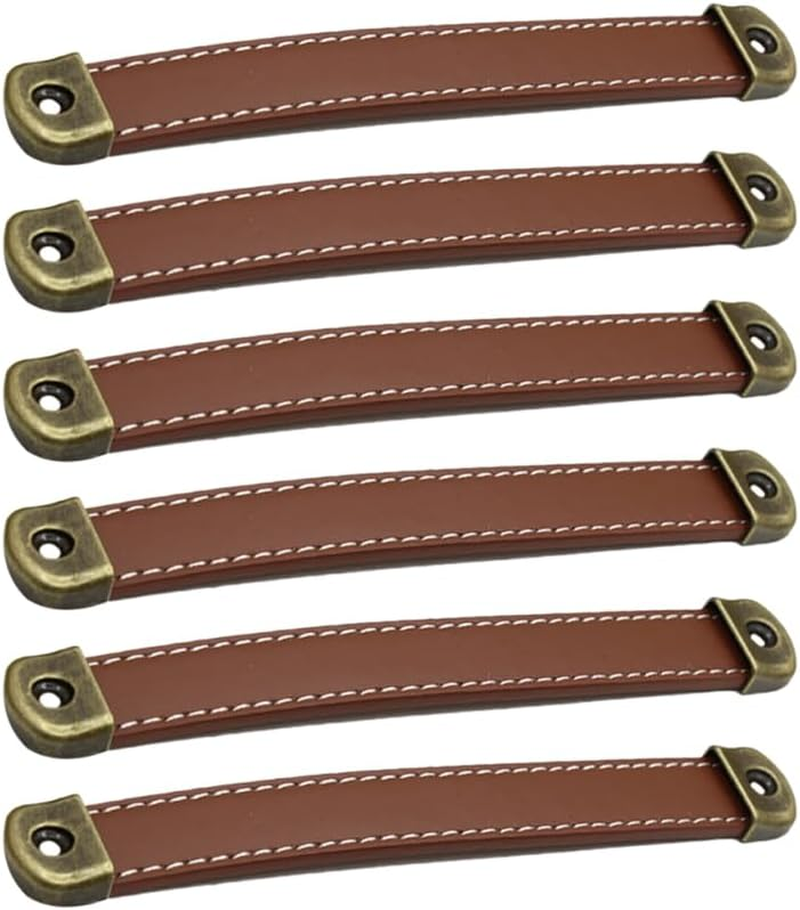 6Pcs Leather Pull Handles for Cabinet Doors and Drawers, Safety Protection Upgrade, Easy Installation, Brown Synthetic Leather, 7.48 * 0.94 * 0.31 Inches, Ideal for Home Decor
