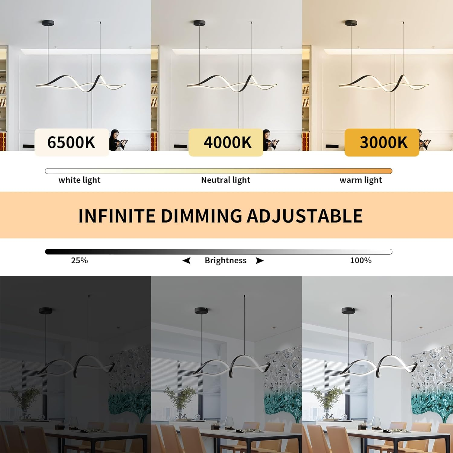GEADI Modern LED Pendant Light, Dimmable Linear LED Chandelier, 110Cm Wave Kitchen Pendant Lighting over Island, Adjustable Hanging Light Fixture for Dining Room, 3000K-6000K - 40W/Black Wave image number 6