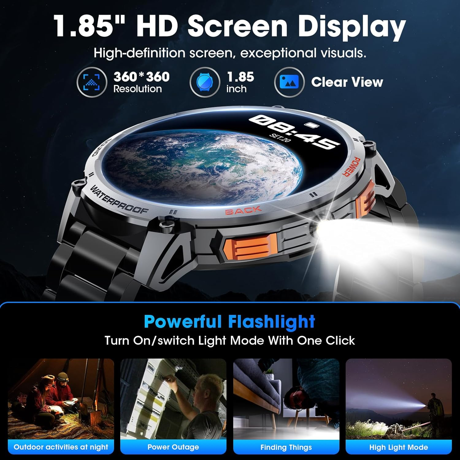 Military Smart Watch for Men 1.85" HD 730Mah Battery Smart Watches with LED Flashlight for Android Ios （Bluetooth Call Answer/Dial Calls） Fitness Tracker Black Steel Strip image number 3