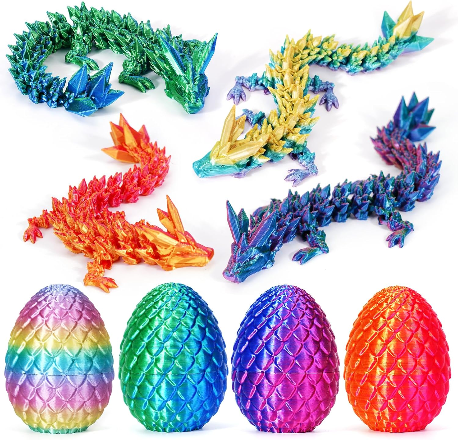 4PCS 3D Printed Dragon Eggs with Dragon Inside, Mini Mystery Dragon Egg Articulated Crystal Dragon Fidget Toy, Surprise 3D Printed Animals Toy Set (4-Piece Set-B)