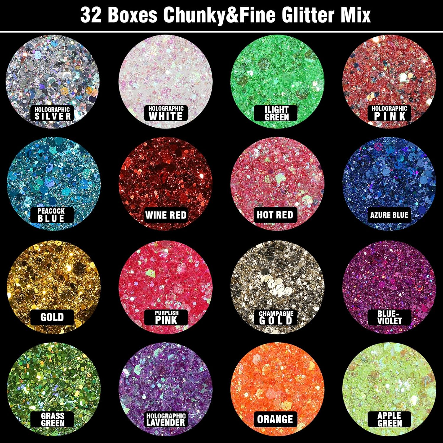 Teenitor Rave Festival Chunky and Fine Glitter Mix - 32 Colors Iridescent Loose Cosmetic Makeup for Face, Body, Hair image number 1
