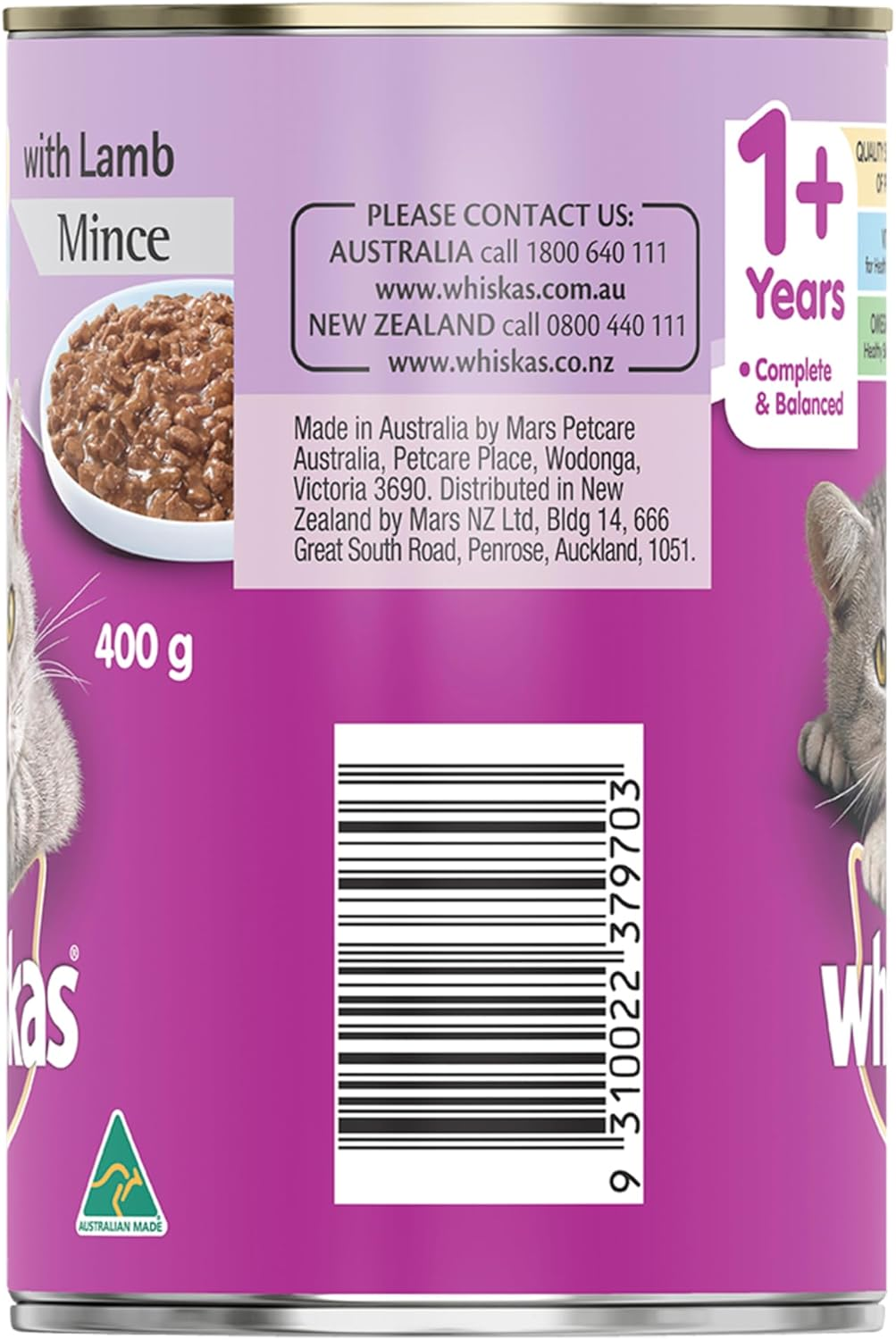 Whiskas Adult Wet Cat Food Lamb Mince Can 400G Can, 24 Pack image number 1