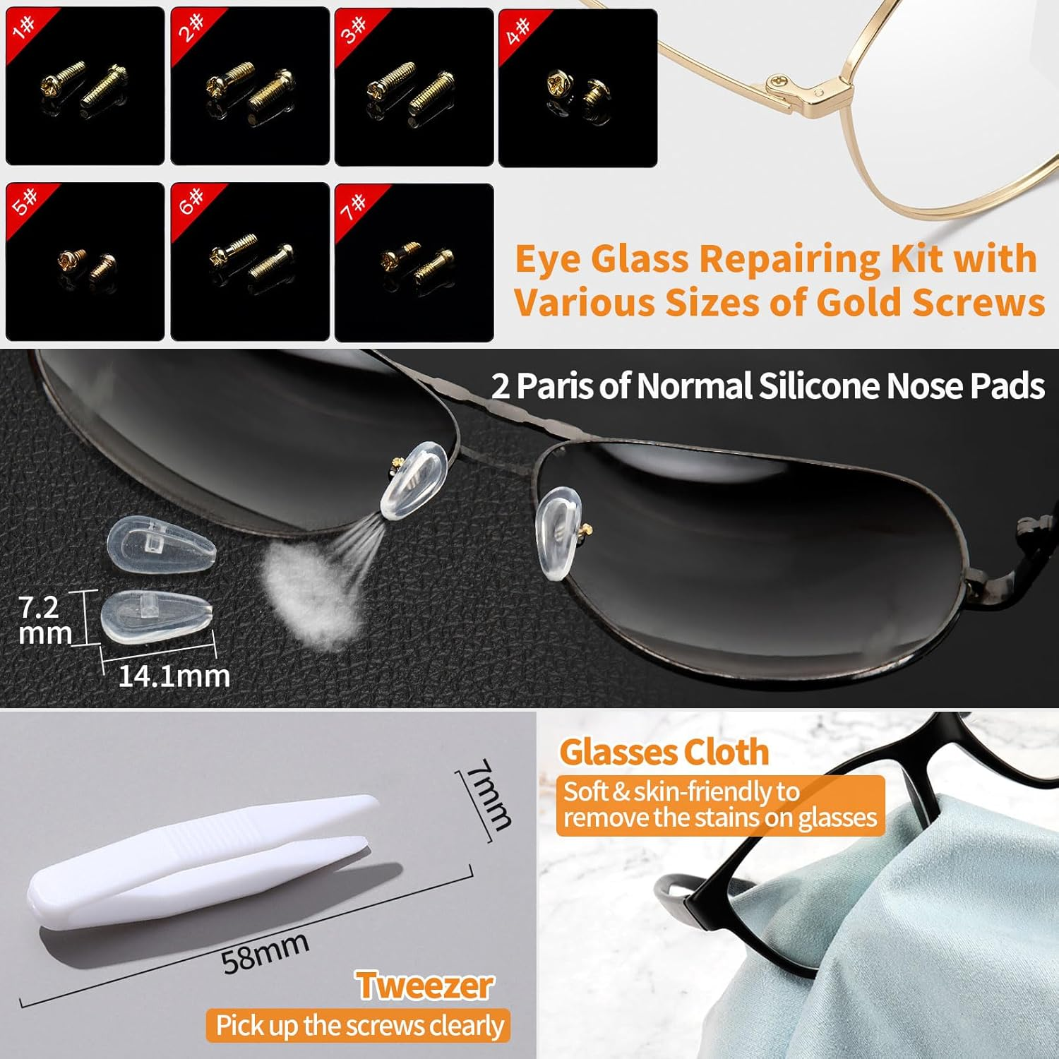 Sunglasses Eyeglasses Repair Kit 140PCS Gold Tiny Stainless Steel Screws and 2 Pairs Nose Pads with Micro Screwdriver Tweezer for Watch Clock Spectacle Eyewear Repair image number 5