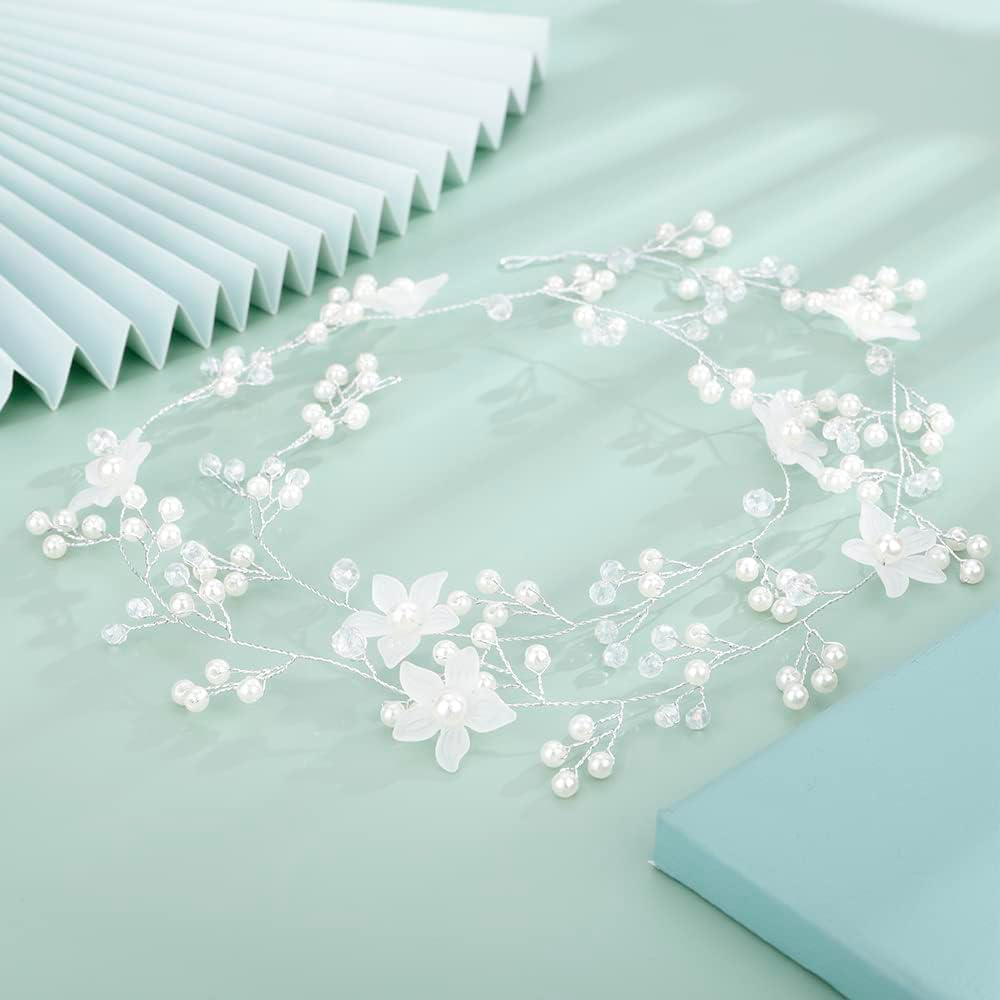 Teyglen Bride Wedding Flower Pearls Long Hair Vine Silver Rhinestone Crystal Beads Hair Vine Headband Handmade Bridal Headpieces Hair Pieces Wedding Hair Accessories Hair Jewelry for Women Girls image number 4