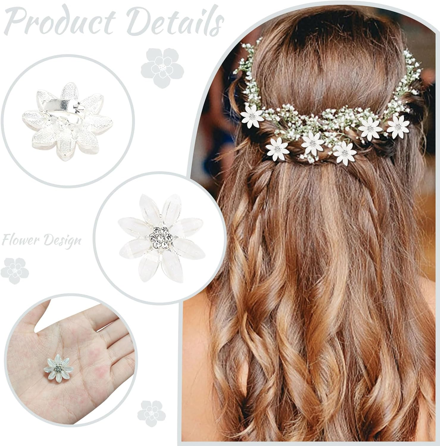 Mezrkuwr Pack of 10 White Mini Flowers Hair Clips with Rhinestones, Eight Leaf Flower Hairpins, Decorative Hair Clips, Wedding Hair Clips, Flower Hair Accessories image number 1