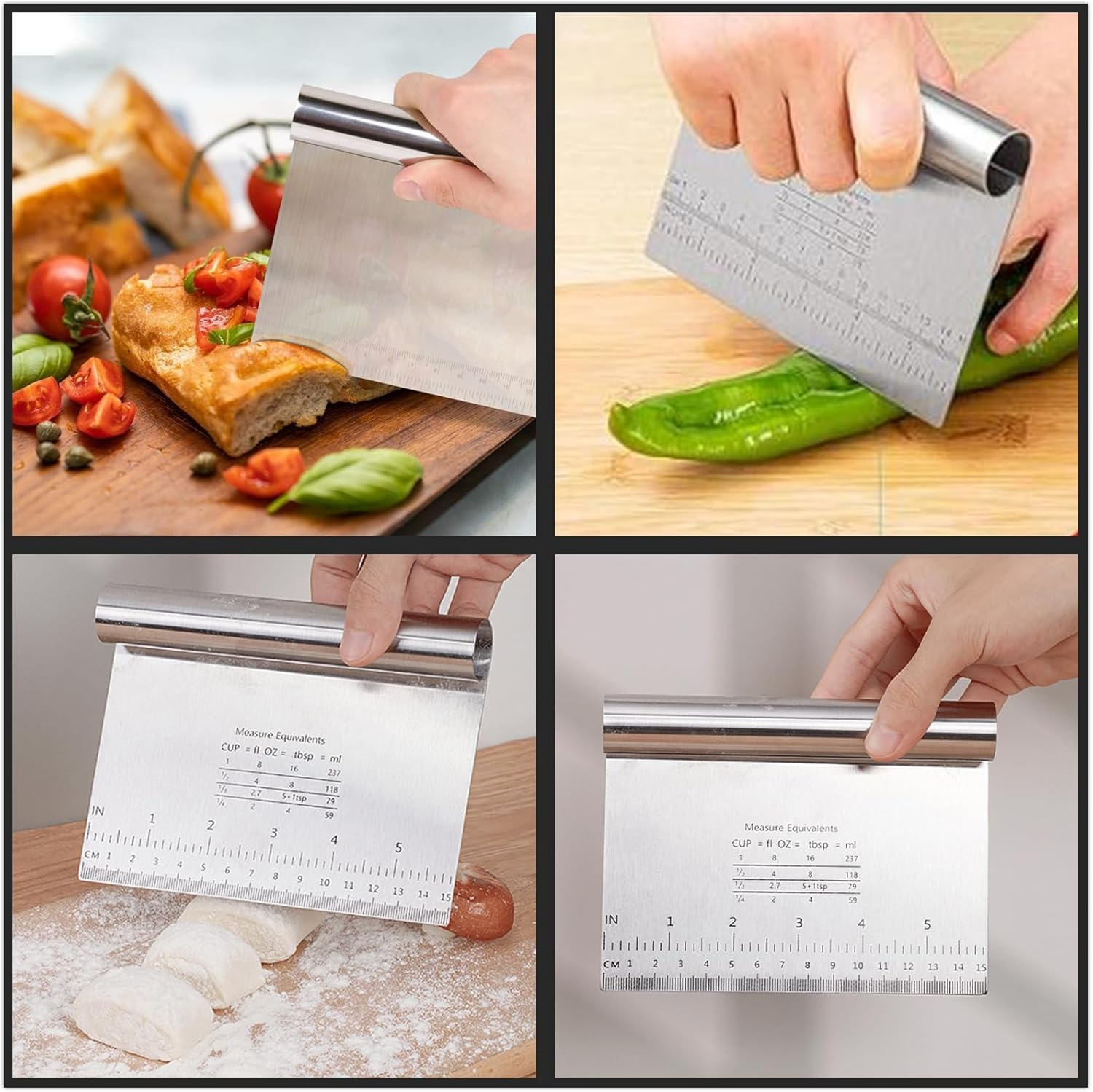 NASHRIO 2 Pcs Multi-Purpose Scraper Stainless Steel Dough Pastry Scraper/Cutter/Chopper with Measuring Scale Set for Baking, Cooking, and Dishwasher Safe (Silver) image number 4