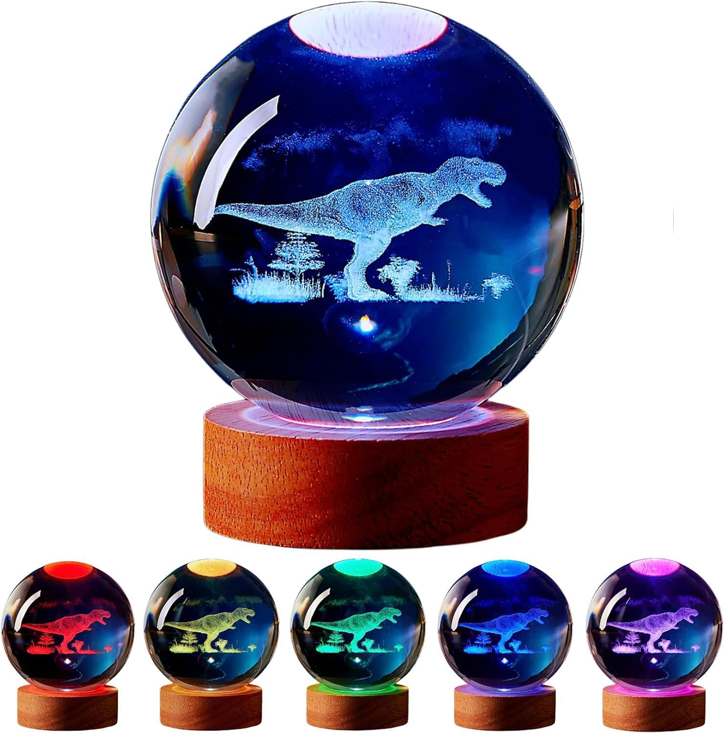 Crystal Ball Night Light, 3D Animal Models Night Light, USB Powered, Wooden Base, Birthday Christmas and Others Dream Decoration Gift (Dinosaur/Color Light, 6CM)