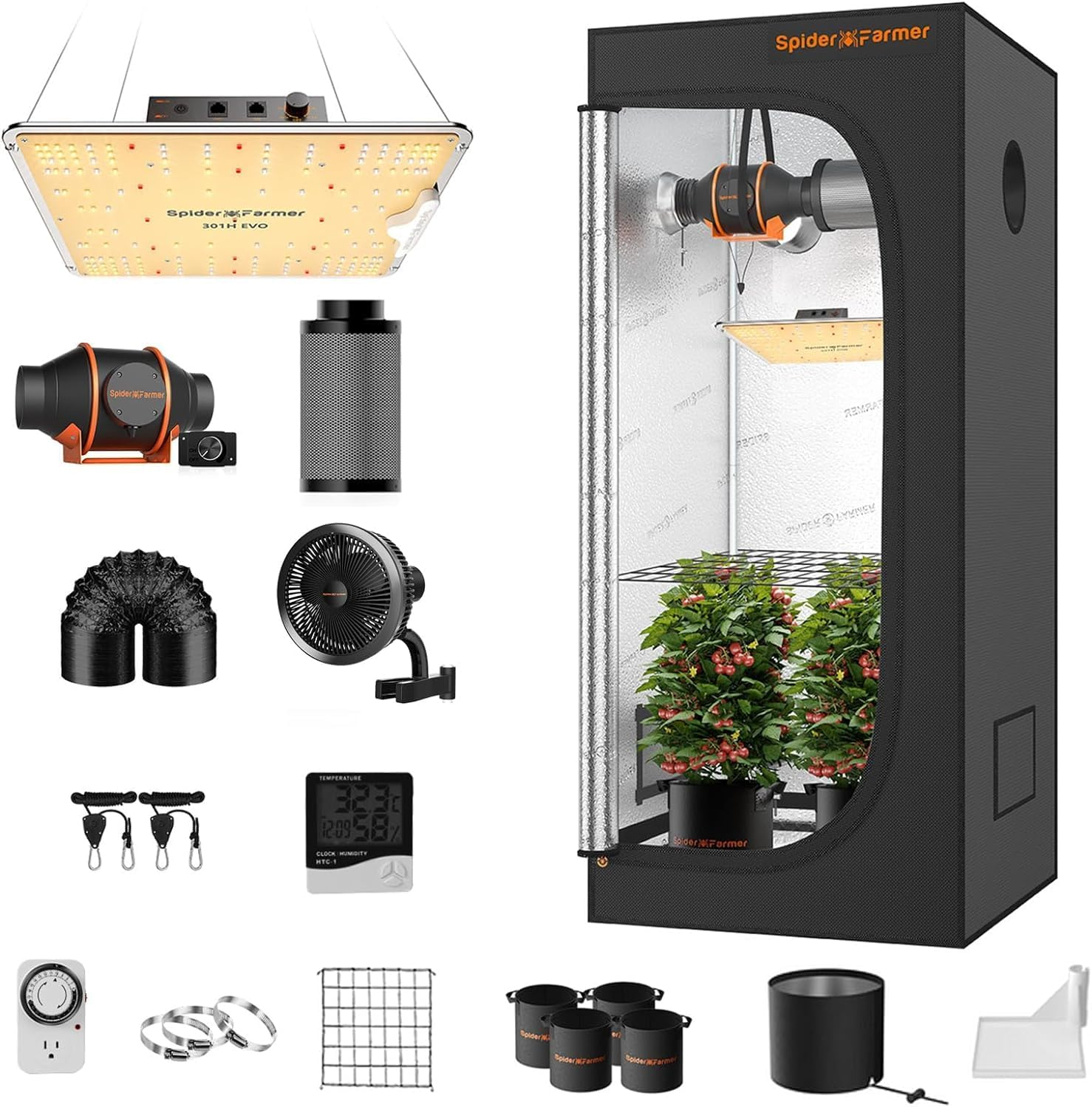 Spider Farmer Grow Tent Kit Complete 2.3X2.3Ft SF-1000 Dimmable Samsung LM301H EVO Diodes Grow Tent Complete System 27"X27"X62" with 4" Inline Fan image number 1