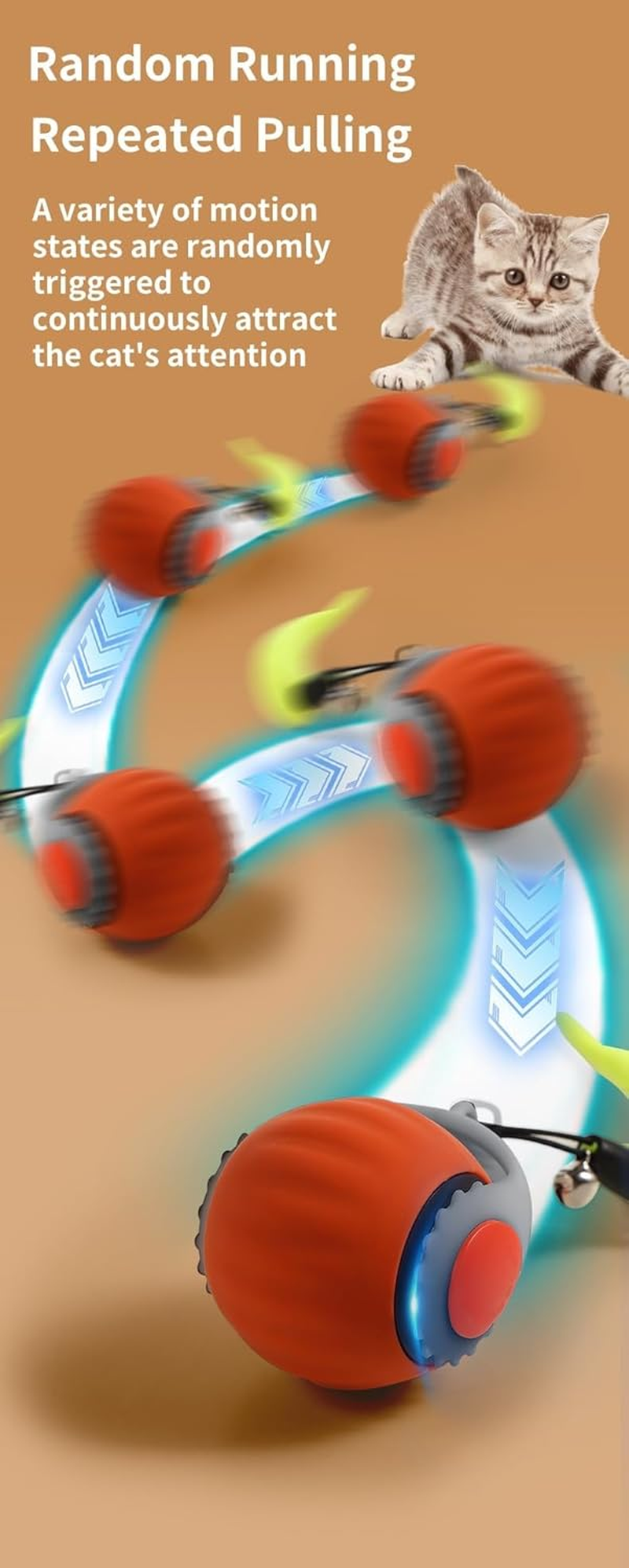 Interactive Cat Toy Balls,Electric USB Rechargeable,Built in 150Mah Lithium Battery, the Speed Can Reach 1M/S,Intelligent and Normal Modes (Orange) image number 1