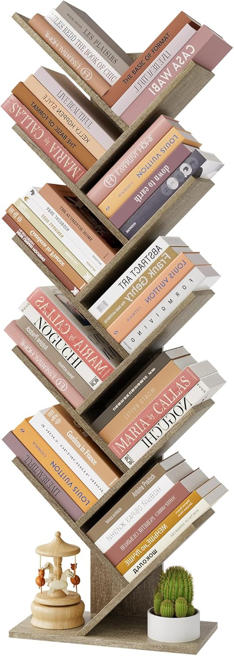 Hoctieon 4 Tier Tree Bookshelf, 4 Shelf Bookcase, Free Standing Tree Bookcase, Display Floor Standing Shelf for Books, Book Organizer Shelves for Home Office, Living Room, Bedroom, Grey