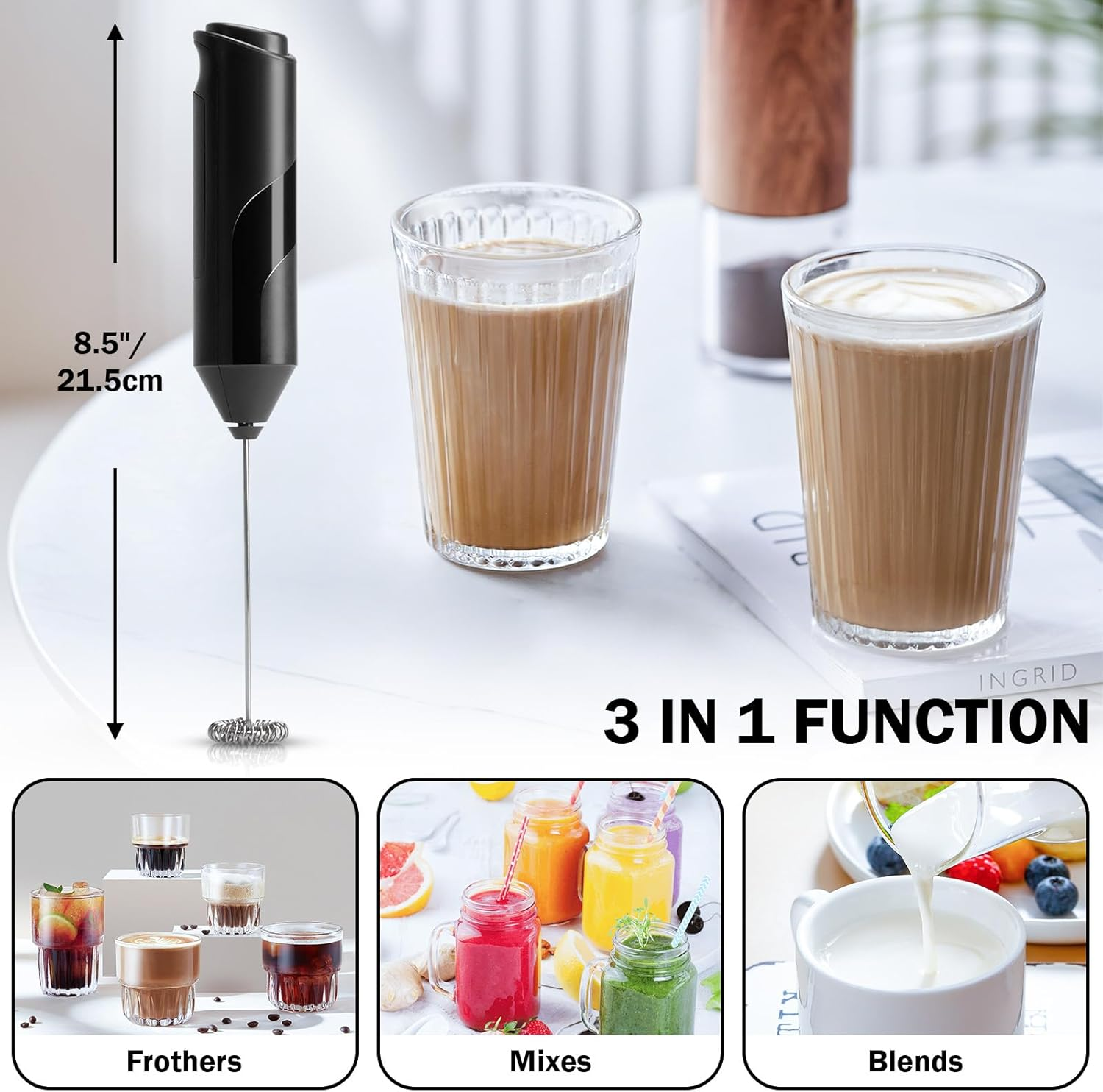 Tonjin Milk Frother Wand for Coffee, New Upgraded Battery Powered (Not Included) Electric Handheld Drink Mixer for Matcha, Latte, Cappuccino, Frappe, Chocolate,304 Stainless Steel Whisk Black image number 4