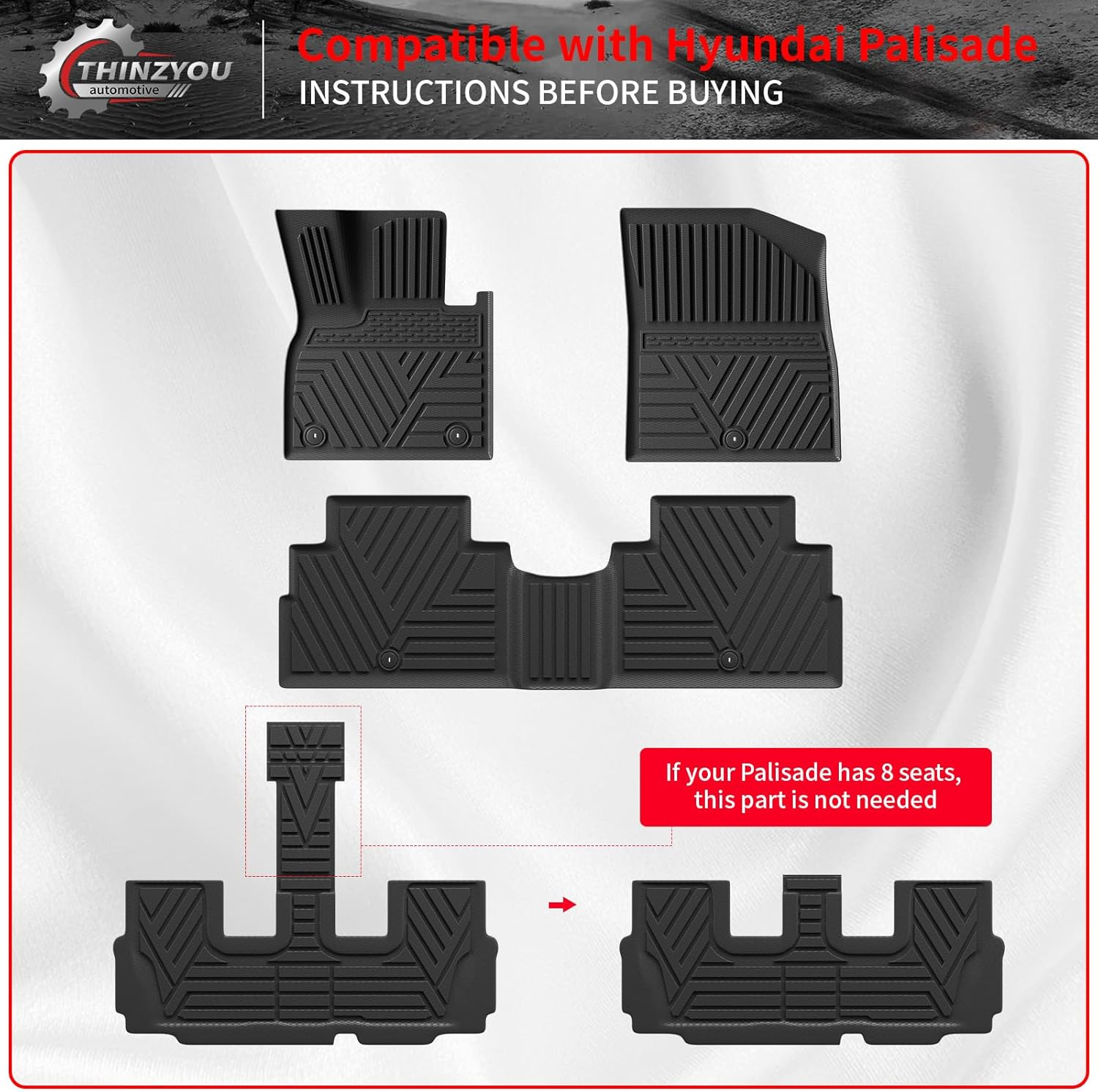 Floor Mats Compatible with 2020-2025 Hyundai Palisade Trunk Mat Cargo Liner TPE Back Seat Cover Protector 2024 Palisade 7 & 8 Seats Accessories (Trunk Mat with Backrest Mats+Floor Mats) image number 2