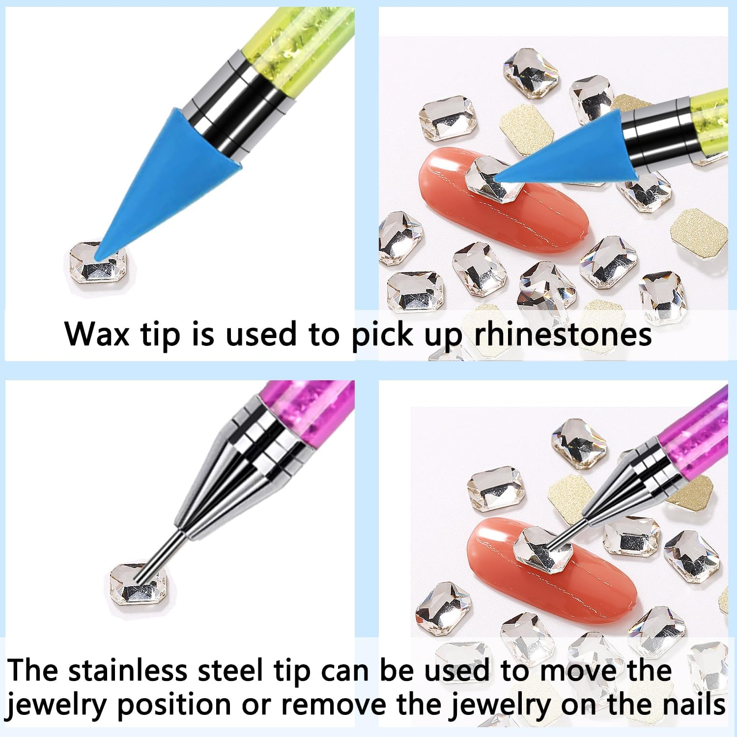 ANGNYA 2PCS Wax Nail Rhinestone Picker Dotting Pen,Dual-Ended Wax Pencil for Rhinestones Wax Tip Gradient Handle with Crystal Beads Manicure Nail Art DIY Decoration Tool image number 2