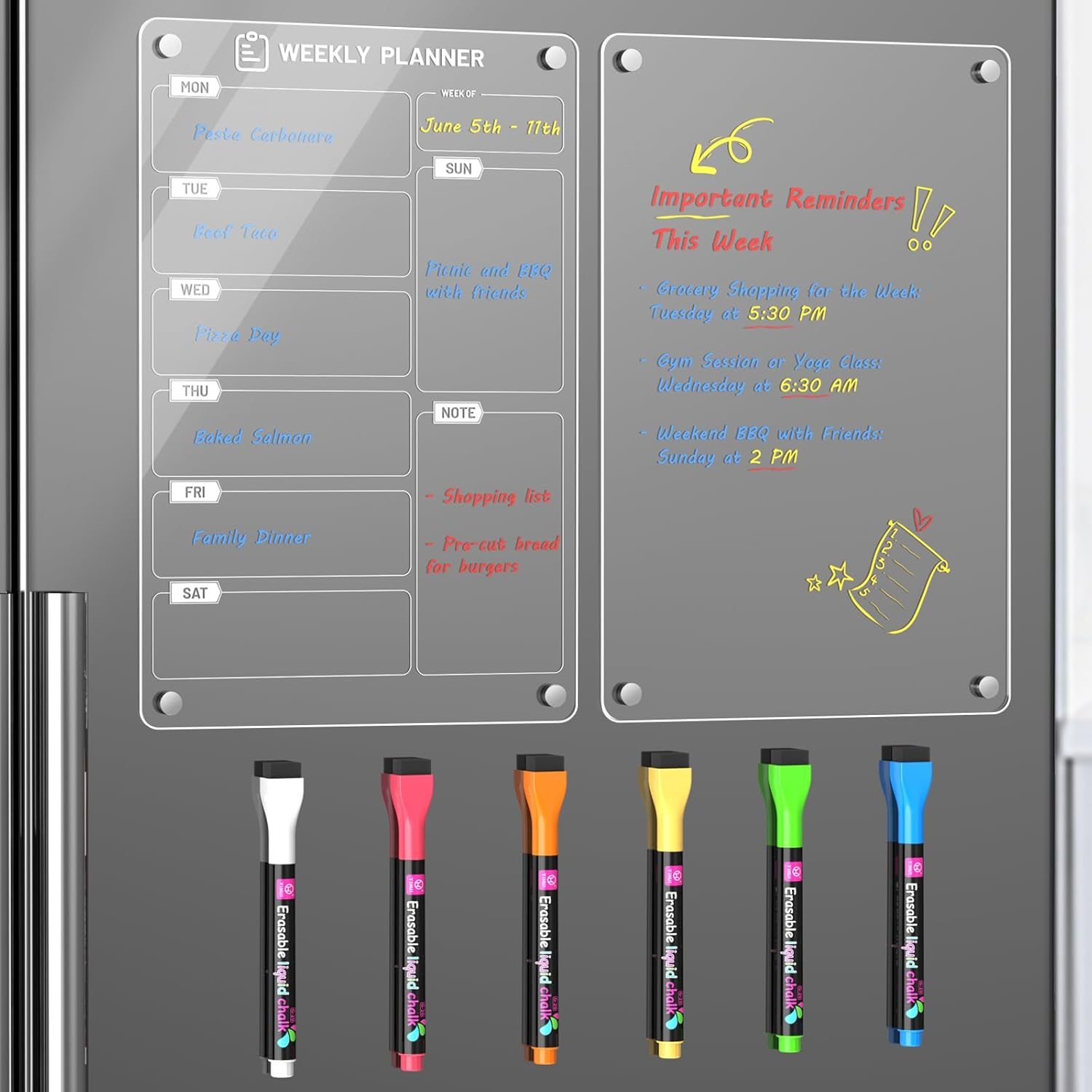 Langaelex 2 Set of Acrylic Meal Planner for Fridge - Magnetic Weekly Menu Board with 6 Chalk Markers for To-Do List, Shopping List and Chore Chart - 8 X 12" image number 2
