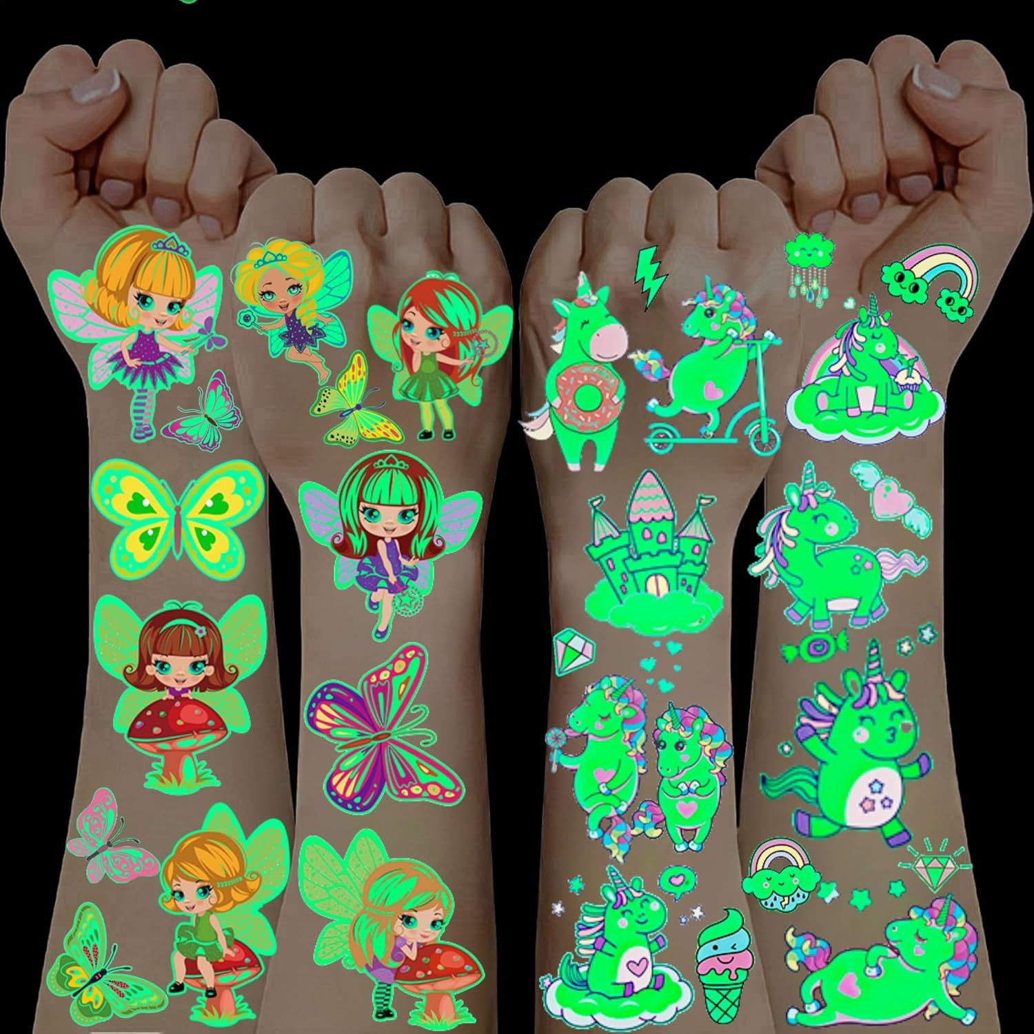 10 Sheets Children'S Tattoos Girls, Fairy Unicorn Tattoos Girls Children'S Birthday Party Favours Gift Girls 3 4 5 6 7 8 9 10 Years Toy Girls Luminous Tattoos Children Butterfly Decoration Birthday - Colour-E image number 2