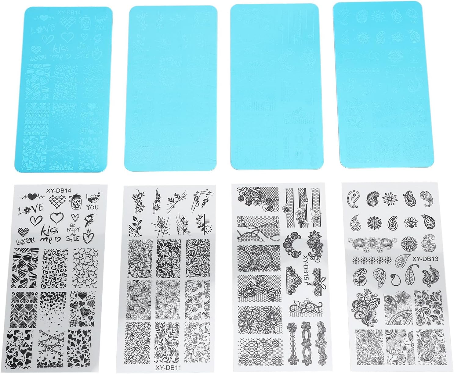 French Nail Art Stamping Plate 4Pcs Nail Polish Printing Steel Plate with Transparent Films Nail Stamping Plate for Artificial Nails