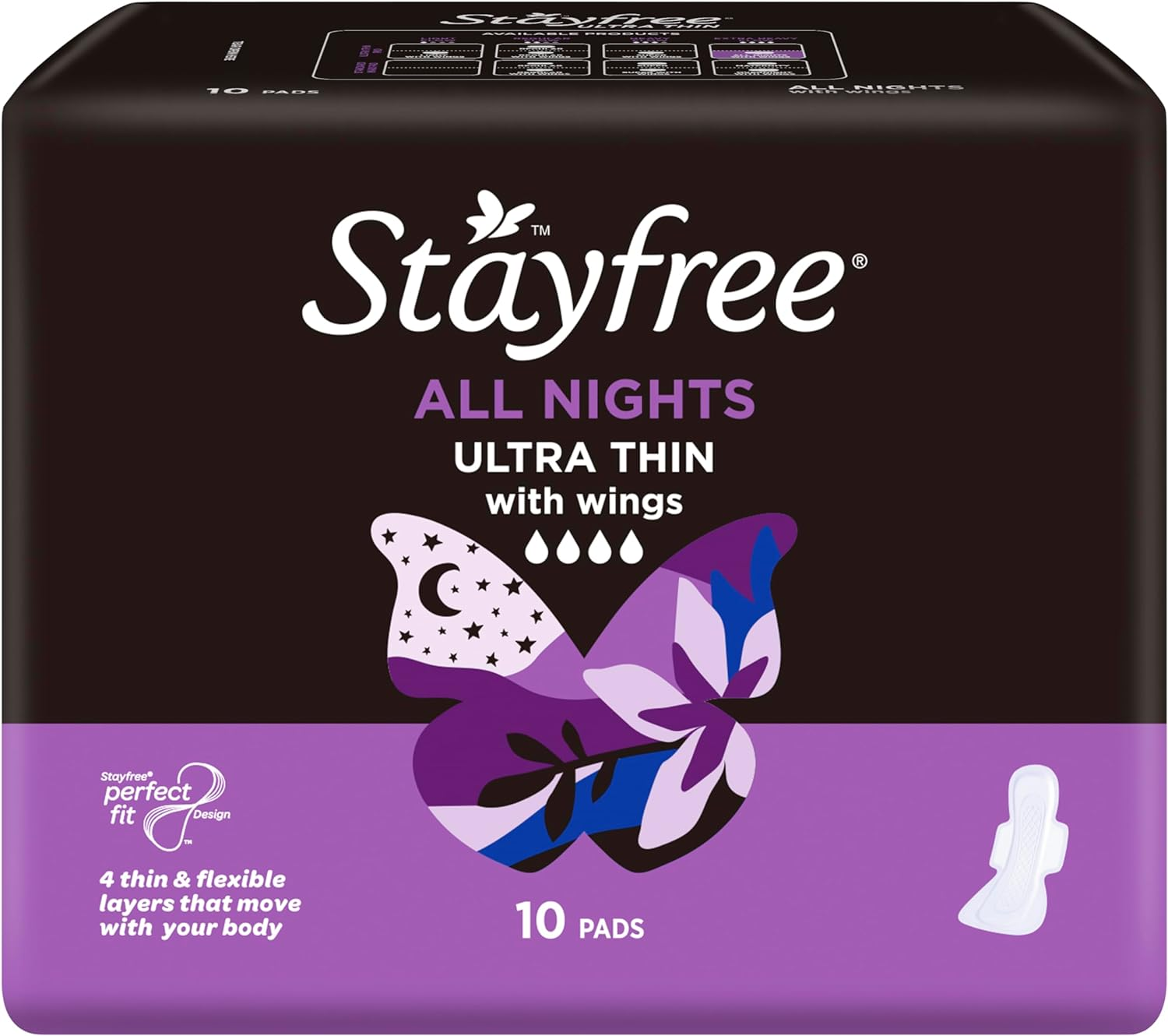 Stayfree Ultra Thin All Nights Pads with Wings 10 Pack | Extra Length & Width to Help Sleep Better |Neutralises Odour|Cottony-Soft Quilted Cover| Keeps Dry and Comfortable image number 2
