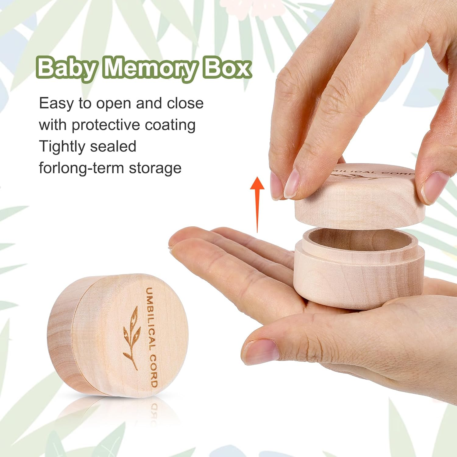 Umbilical Cord Memorial Box Engraved Wooden round Newborn Wood Case Baby Keepsake Tooth Box Fetal Hair Memorial Storage Container Carved Baby Fetal Hair Case for Babys Shower Pregnancy Christen Gift image number 3