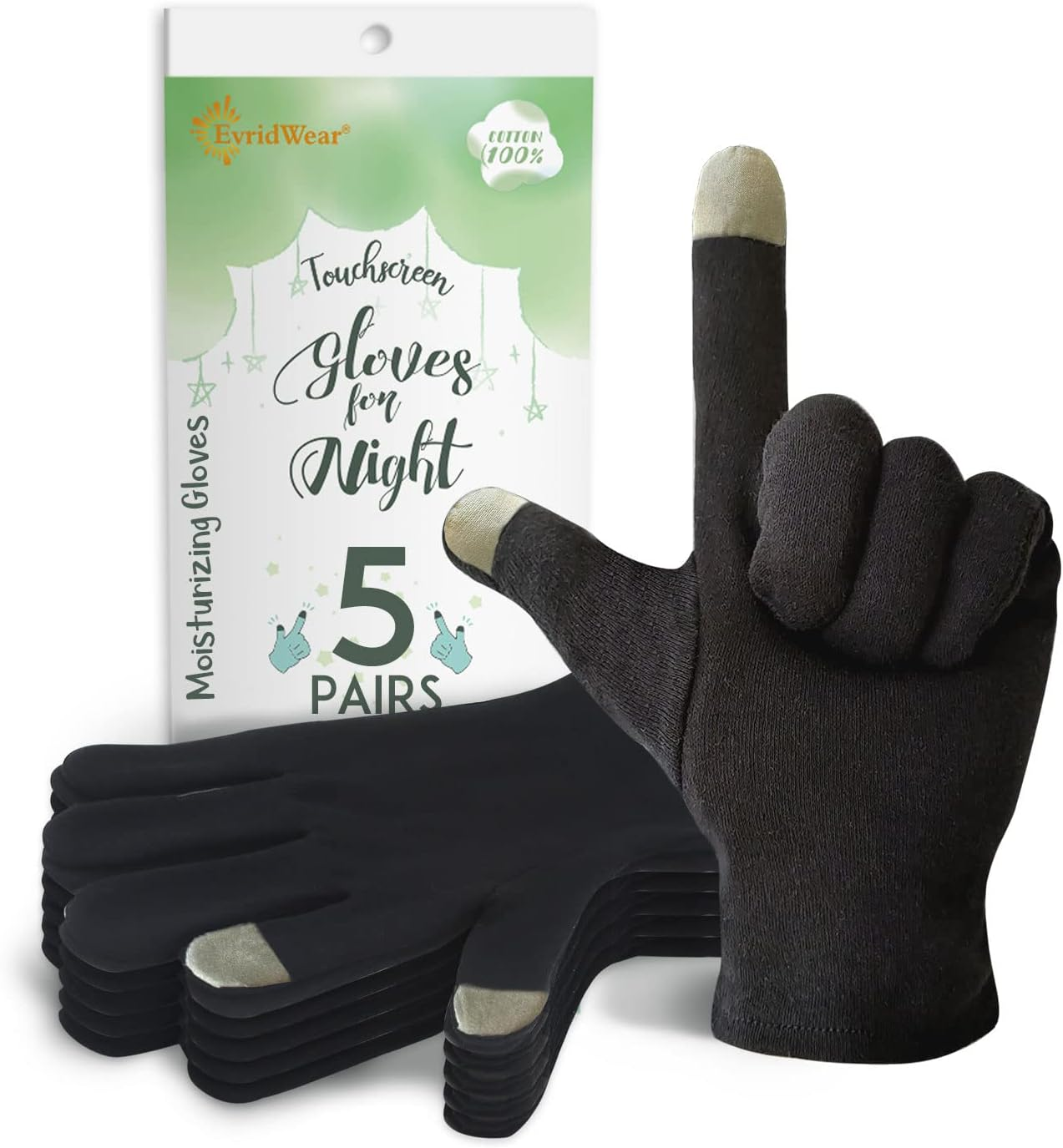 Evridwear 100% Cotton Touchscreen Moisturizing Beauty Gloves with Elastic Cuff, Natural Cosmetic Therapy Gloves for Eczema SPA Dry Hands Care Overnight (Black, Small) 2 Pairs