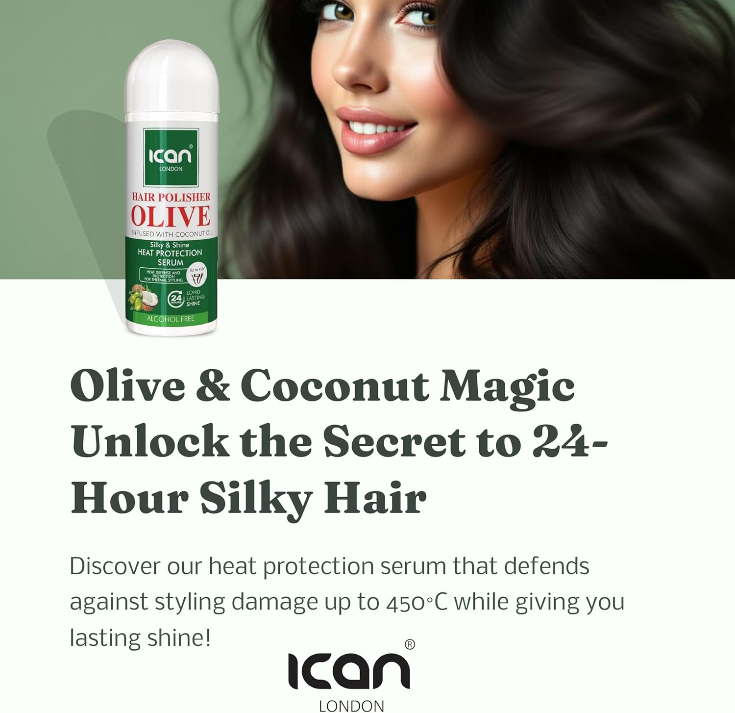 Ican London Hair Polisher Olive Oil Infused with Coconut Oil Heat Protection Serum Alcohol Free 207Ml image number 4