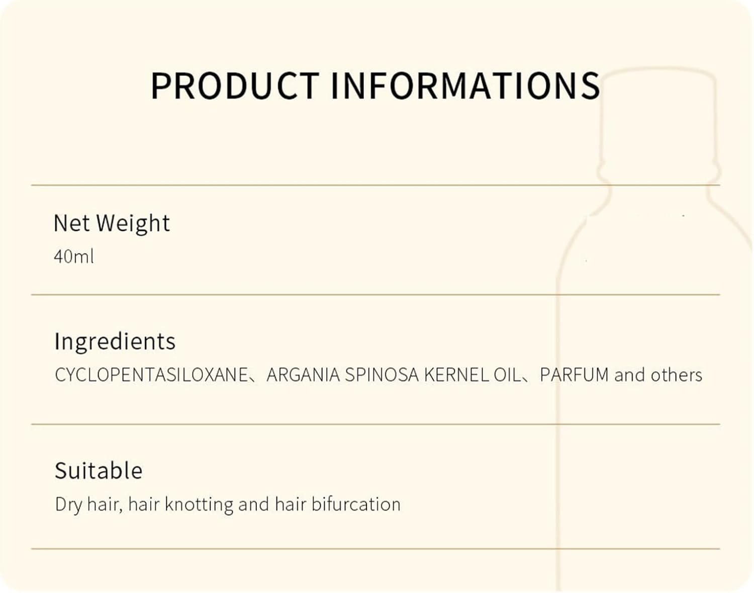 Yizyif Pure Moroccan Argan Hair Oil 40ML Lightweight Non Greasy for Women Men Nourishes Strengthens Repairs Dry Damaged Hair Hydrating Treatment Beige One Size image number 2