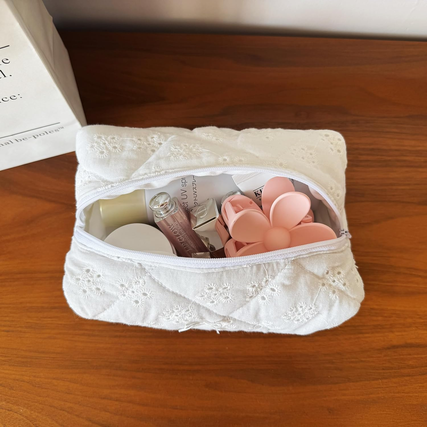 ZUNUONUO Handmade Quilted Cotton Makeup Bag for Women - Cute Cosmetic Pouch, Travel Toiletry & Make up Organizer, Coquette Aesthetic Skincare Bag, Travel Essentials, Embroidery White, Coquette