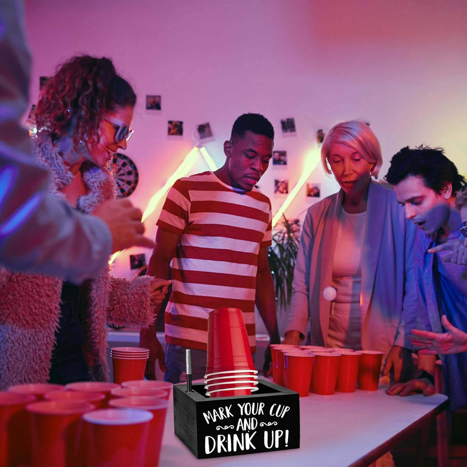 Cup Holder with Marker Slot, Black Wood Disposable Cup Holder, Mark Your Cup and Drink up Plastic Cup Organizer Drink Dispenser for Wedding Party Kitchen Decor image number 2