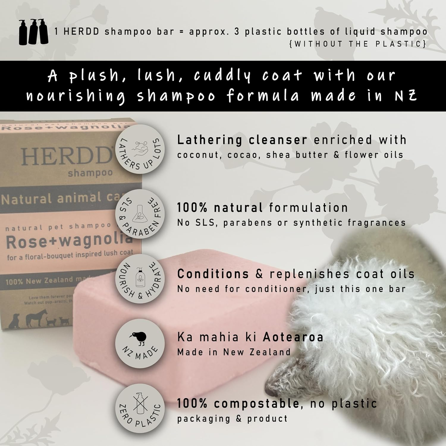 HERDD Shampoo Bar for Pets | Rose & Wagnolia, Nourishing, Anti-Itch, Detangling Shampoo for Dogs, Cats & Horses image number 5