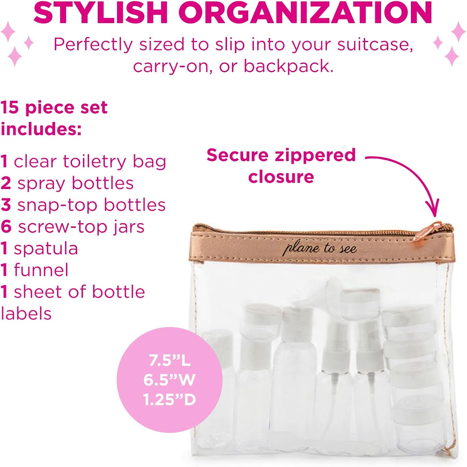 Miamica TSA Compliant Travel Bottles and Toiletry Bag Kit, 15 Piece, Rose Gold, Clear/Rose Gold, One Size, Miamica TSA Compliant Travel Bottles and Toiletry Bag Kit, 15 Piece, Rose Gold image number 2