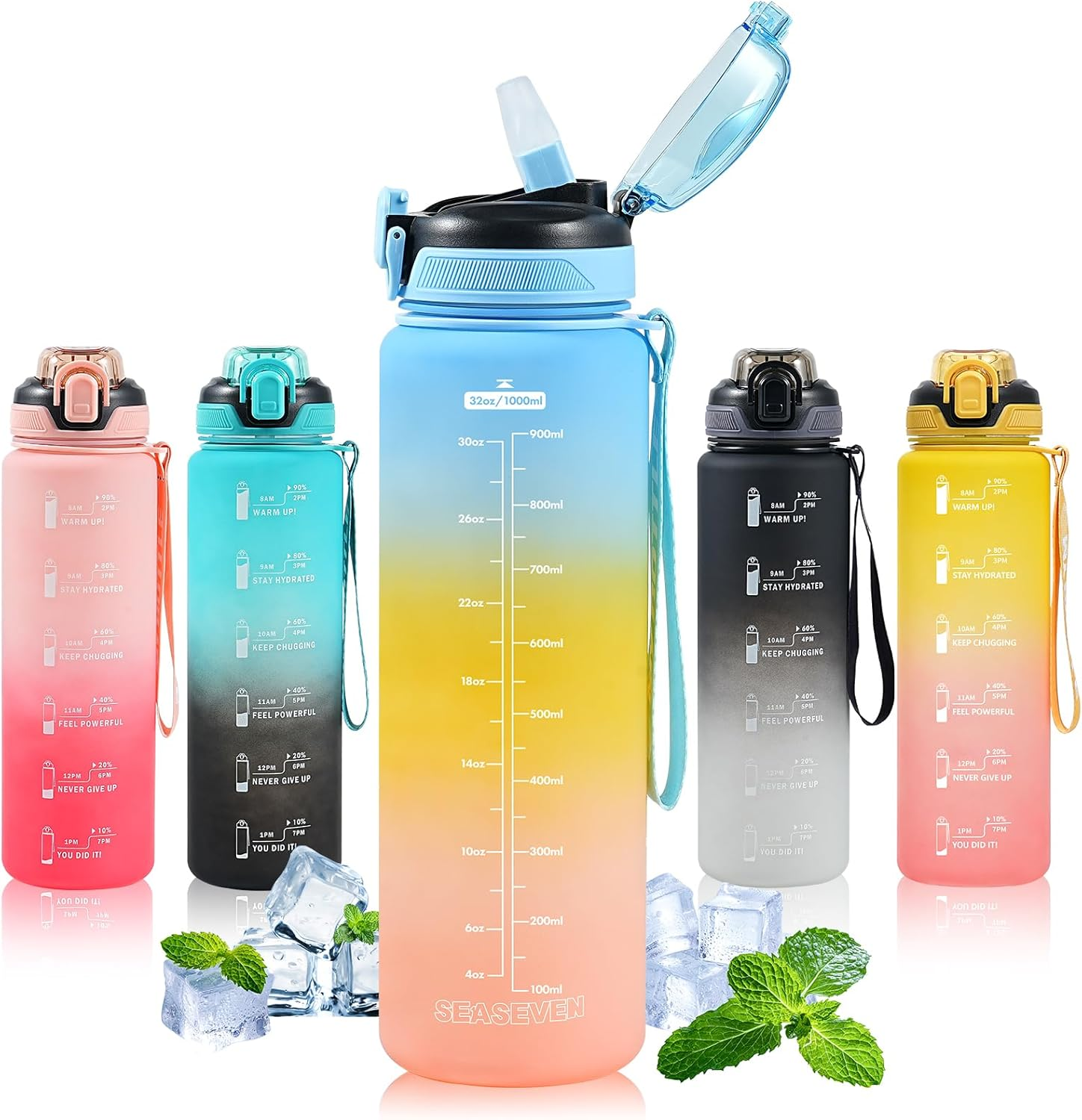 Water Bottle with Straw 1L,Boys Water Bottles with Straw 1 Litre,Waterbottle Leak-Proof Sports Water Bottle,Plastic Drinks Bottles Toxin Free，Bpa-Free (Blue-Yellow-Pink)