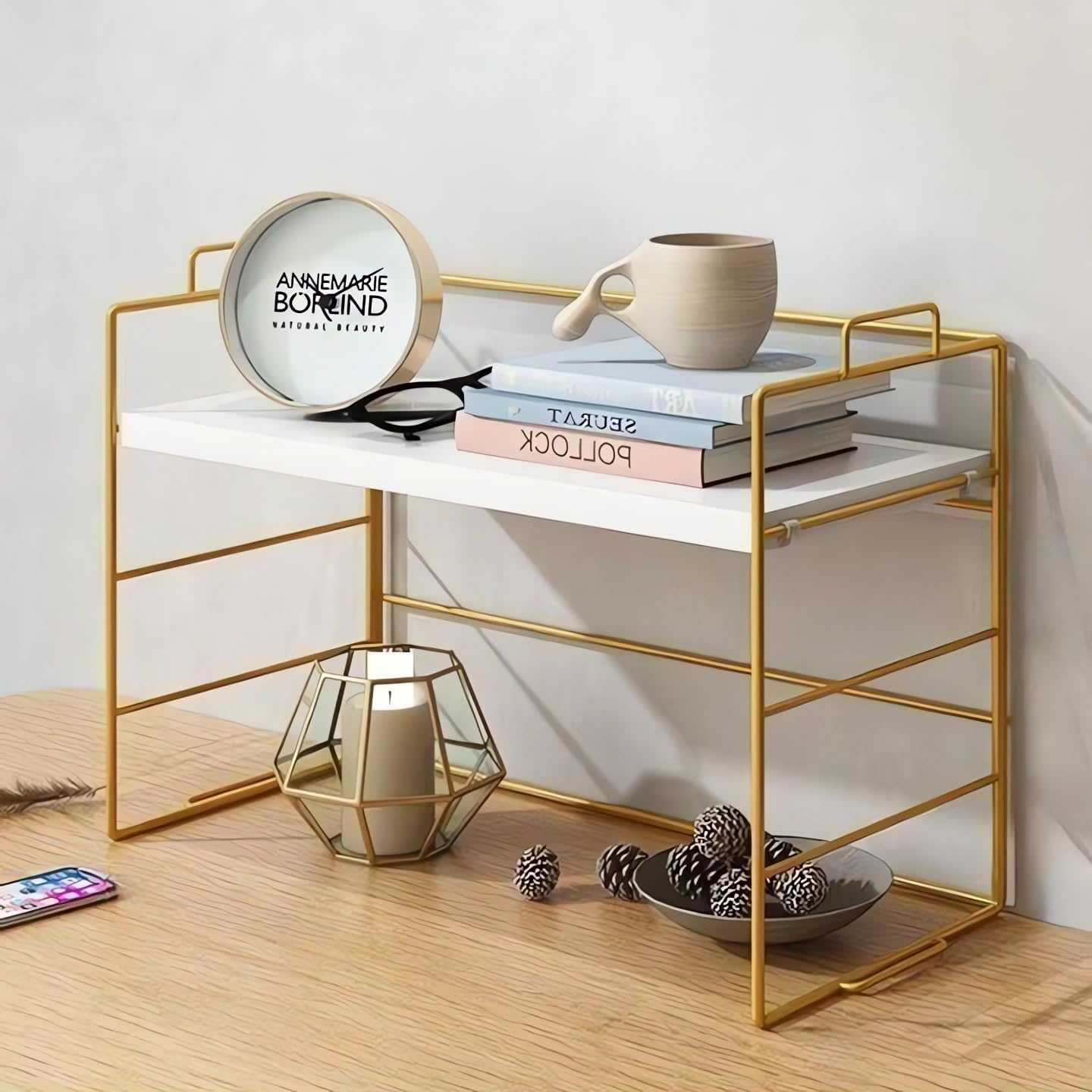 Hbluefat Desktop Organiser Shelf, 2 Tier Adjustable Computer Desk Bookshelf, Small Wood Countertop Bookcase, Dresser Tabletop Display Rack for Home Office (White+Gold) - Wood+Gold image number 5
