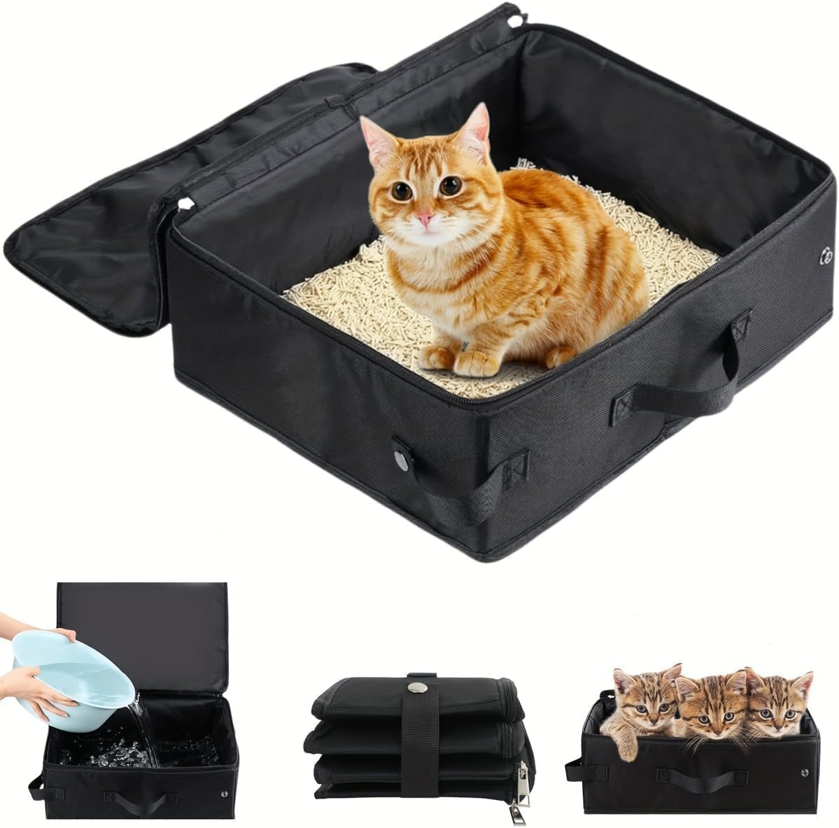 MINZHI Travel Cat Litter Tray with Lid, Foldable Portable Cat Litter Tray, Waterproof, Black, Folded: 20 X 15 X 5 Cm, Extended: 40 X 30 X 15 Cm, for Cat Owners, Travelers, Outdoor Enthusiasts image number 3
