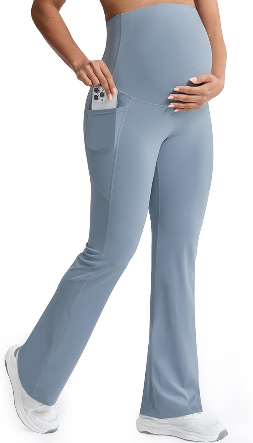 Mama Land Buttery Soft Maternity Flare Leggings over the Belly 29"/32"/34" - Workout Yoga Pregnancy Pants with Pockets