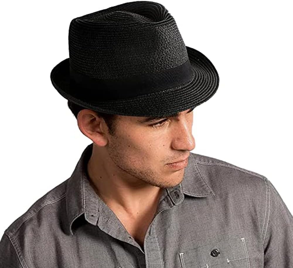 BIGTEDDY Unisex Hat Men Women for Fedora Trilby Wide Brim Straw Cap Beach Sun Gentleman Black image number 3