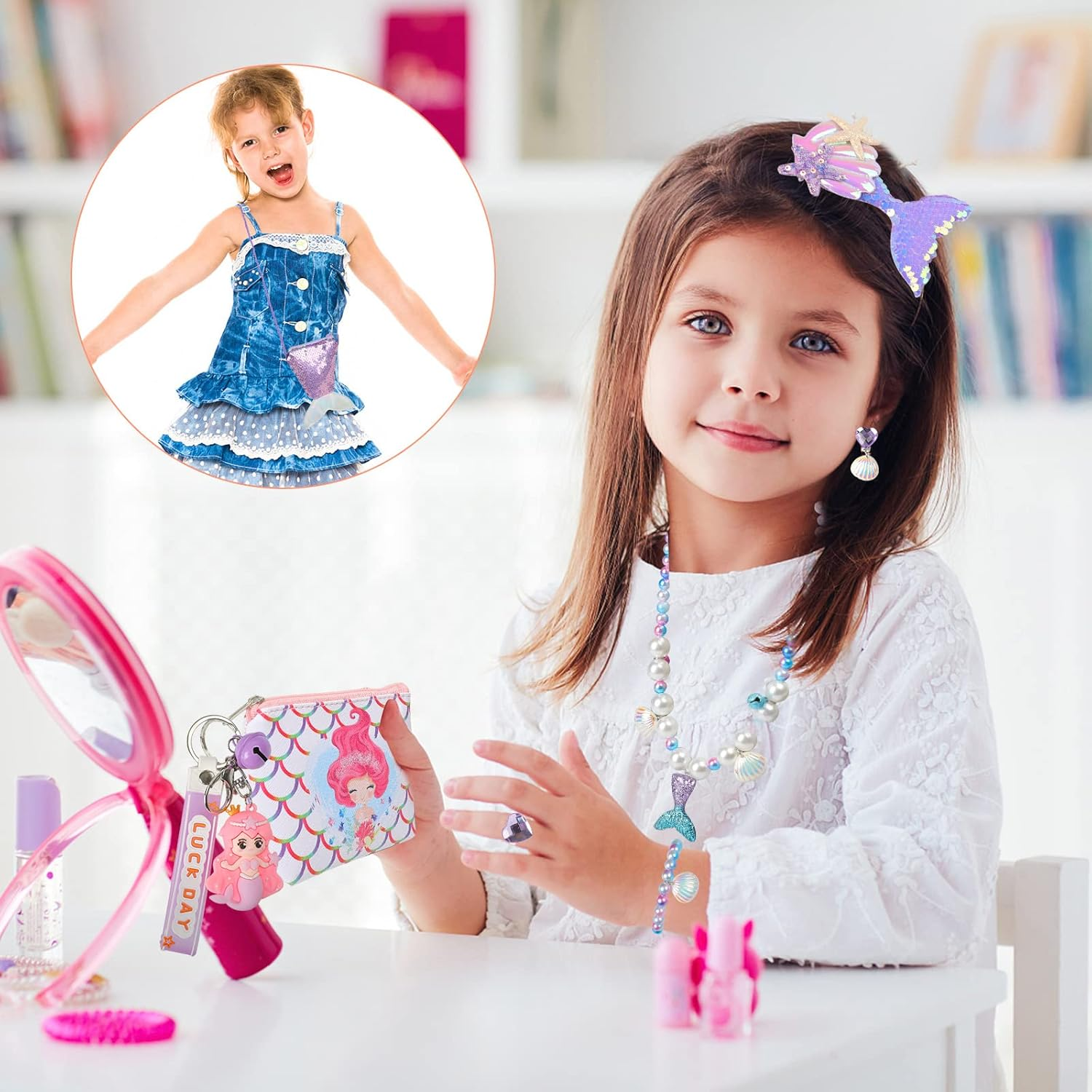 Mermaid Gifts for Girls, Mermaid Tail Blanket Mermaid Jewelry Makeup Set for Girls 3 4 5 6 7 8 9 10 11 12 Years Old image number 1