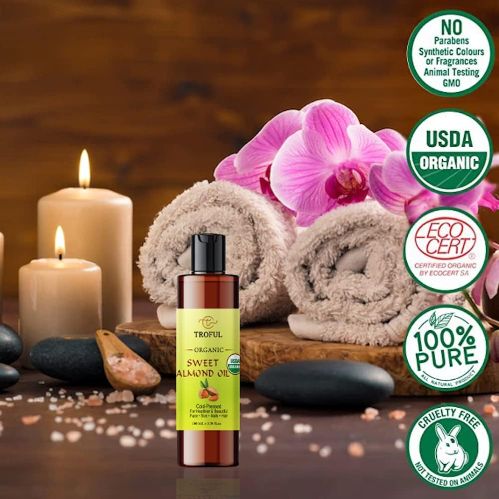 Troful Organic Sweet Almond Oil for Hair Growth Skin, USDA Certified Pure Natural Cold Pressed Organic Almond Oil for Face Nails Body Scalp Massage Moisturizing Oil- 100 Ml