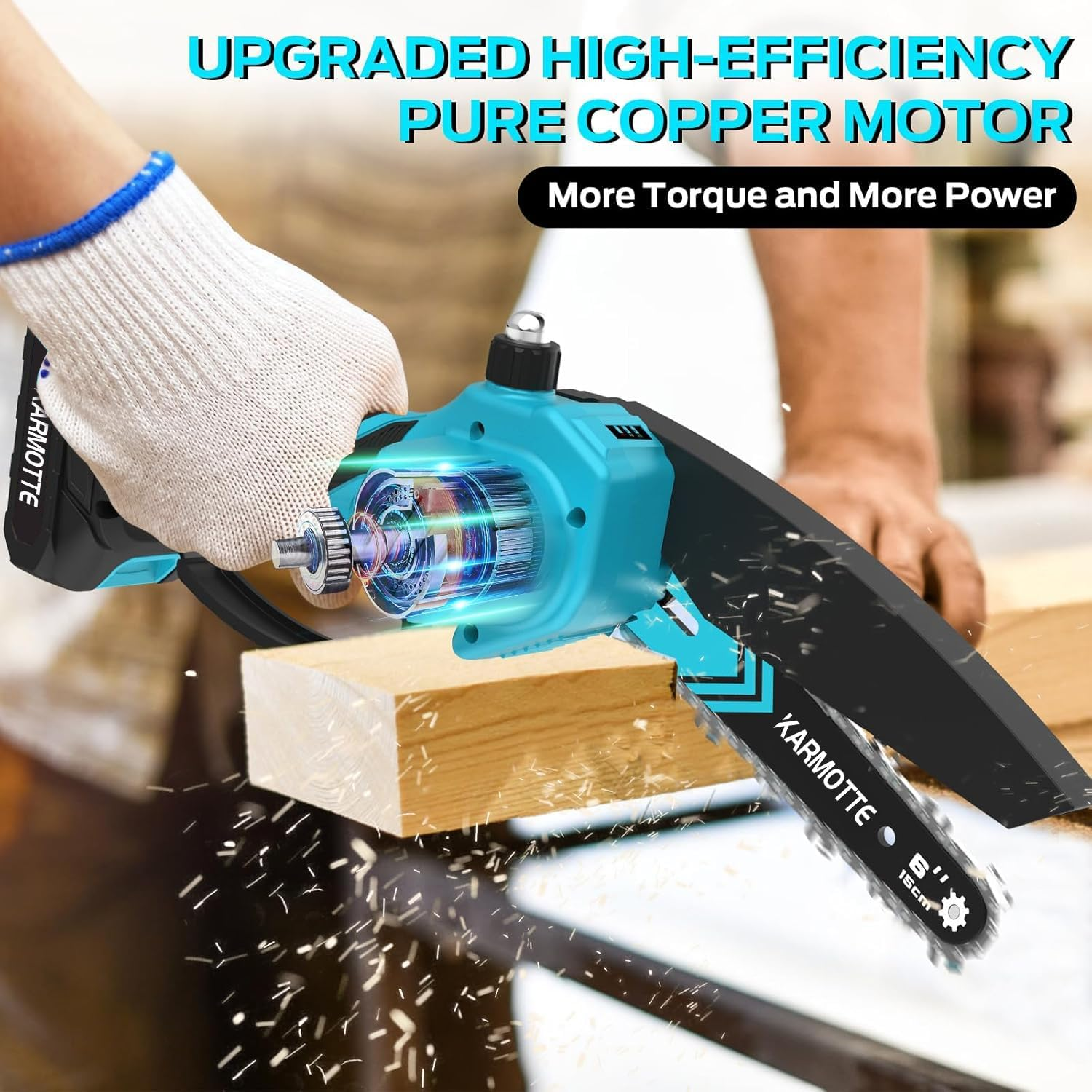 Mini Chainsaw Cordless 6 Inch, Handhled Chainsaw with 2 Batteries & Auto Oiling System, Electric Chain Saw for Tree/Wood Cutting, Christmas Birthday Gifts for Men Dad Him Stocking Stuffers image number 2