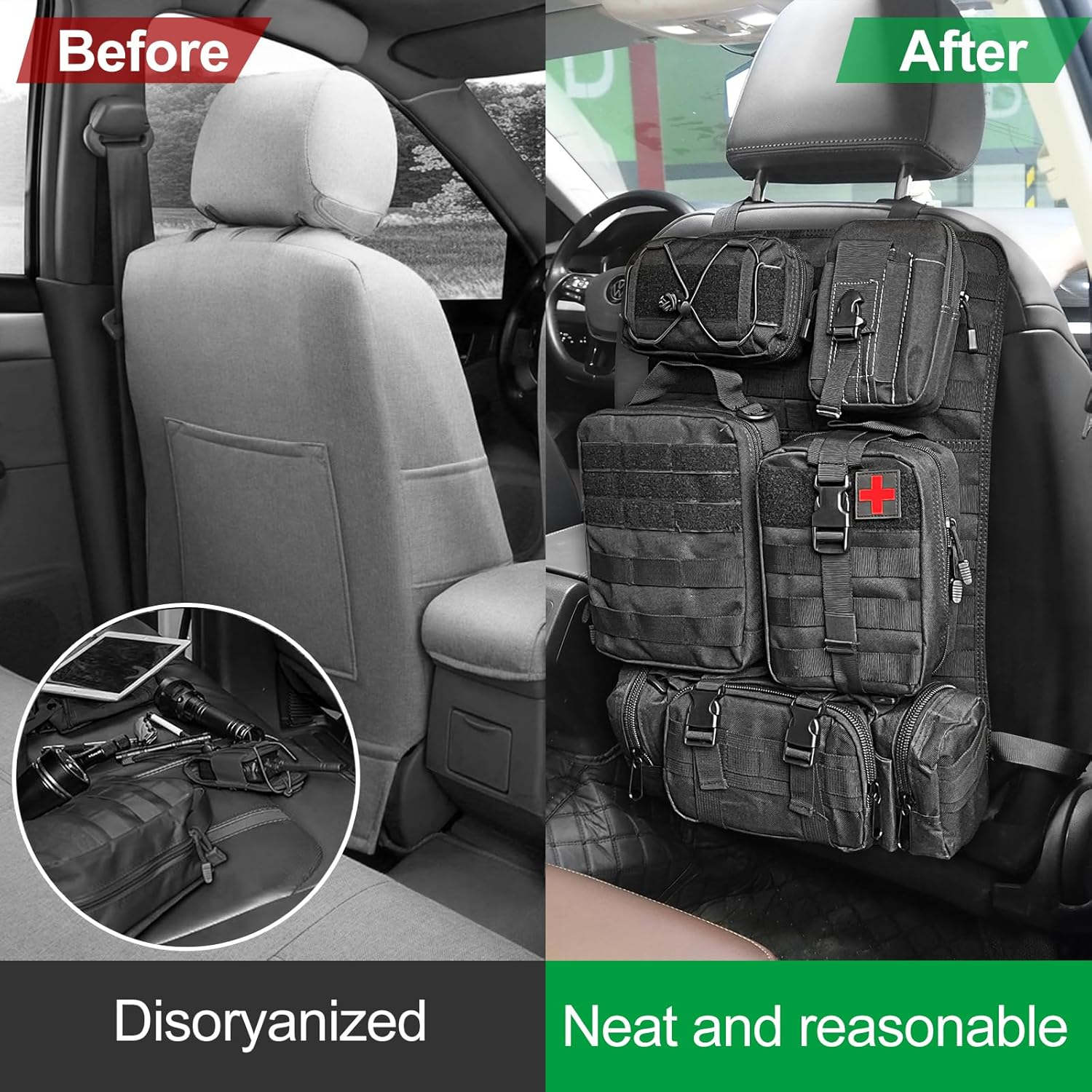 Universal Car Seat Back Organizer Bag, Tactical Car Seat Organizer Detachable Multifunction Back Seat Storage Bag for All Vehicel, Oxford Cloth Storage Bag with 5 Molle Pouches for Outdoor Camping image number 3