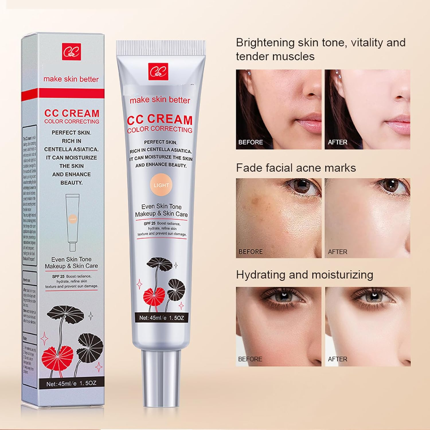 CC Cream-Colour Changing and Correcting Foundation with Centella Asiatica,Light Shade for Moisturizing & Even Skin Tone, Makeup and Skin Care, 1.5Oz/45Ml image number 5