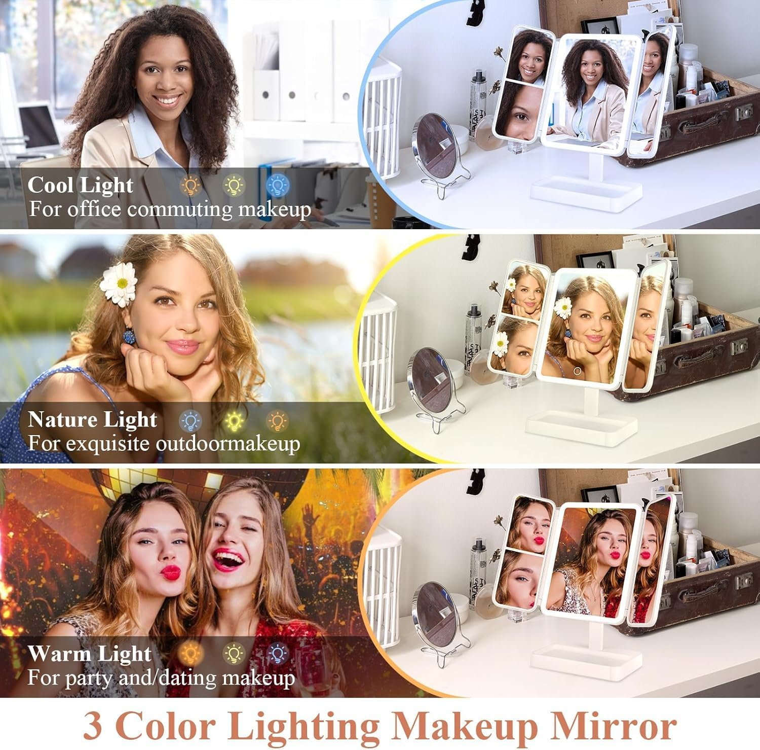 Vanity Mirror with Lights & 2X/3X Magnification &ndash; Touch Control Tri-Fold LED Makeup Mirror | 3 Color Modes, USB Rechargeable (White, Perfect Women&rsquo;S Gift) image number 5