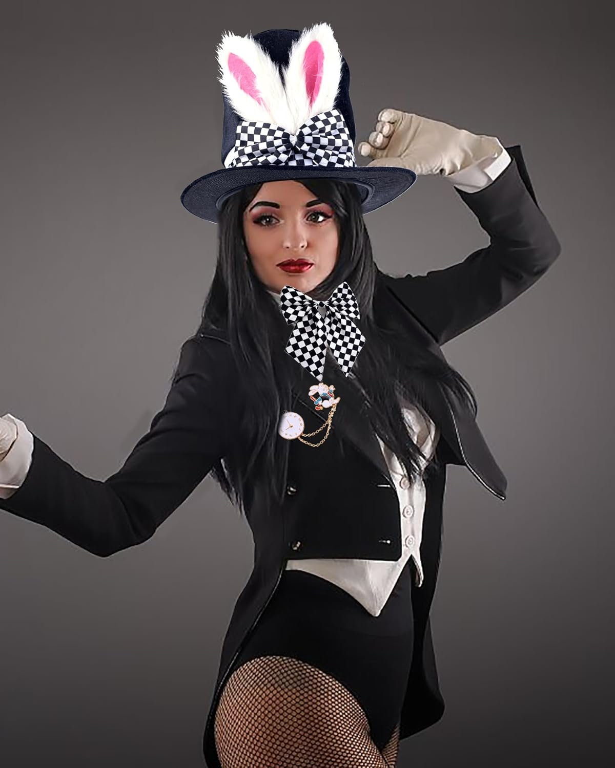 Easter White Rabbit Costume - Bunny Rabbits Dress up Costume Accessory-Include Rabbits Ears Hat Clock Brooch Bowtie image number 1