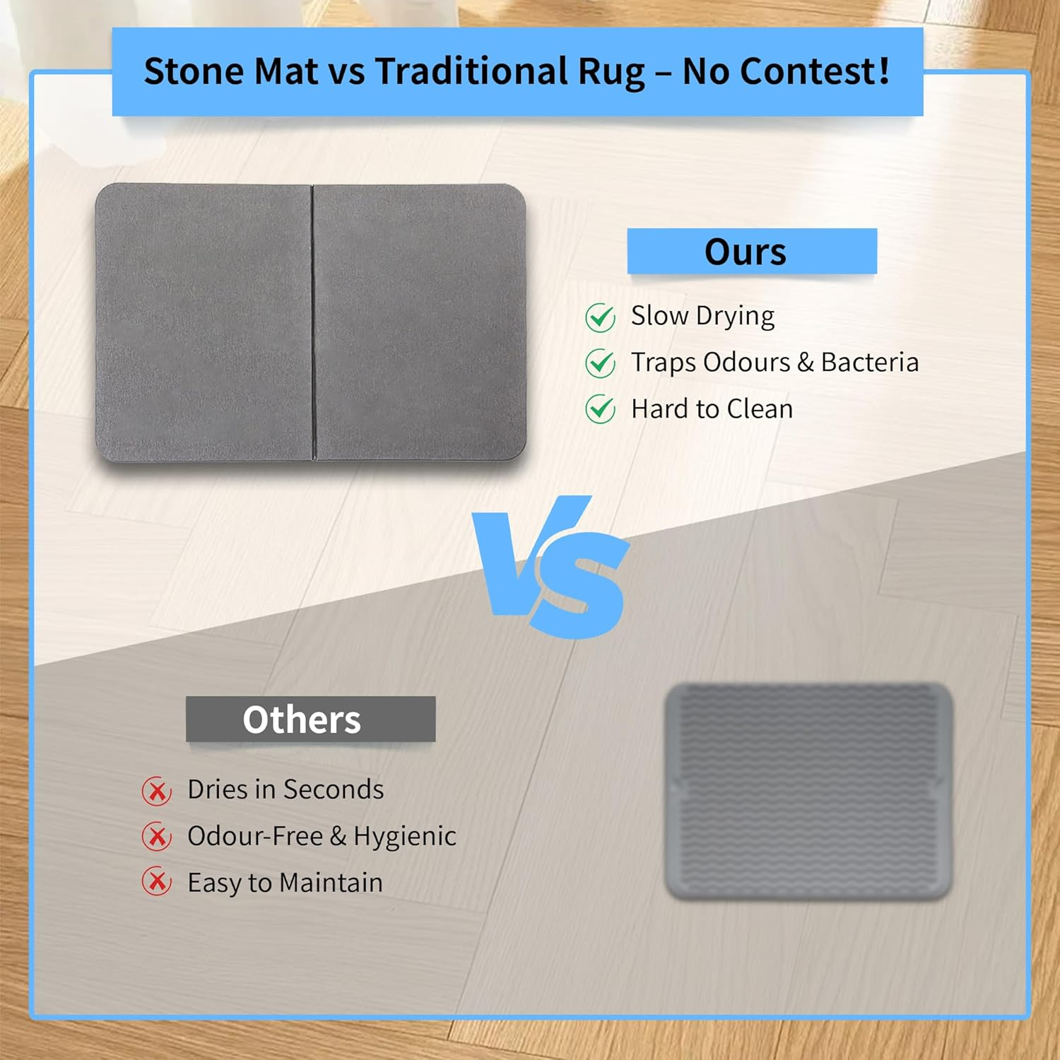 Stone Bath Mat, Natural Diatomaceous Earth Bath Mat, Non Slip Super Absorbent Quick Drying Diatomite Mat for Bathroom, Bathtub, Kitchen Counter, Both Sides Available with Cleaning Tool (Dark Gray) image number 4
