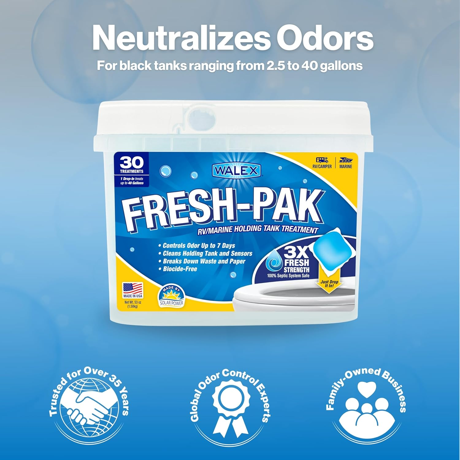 Walex Fresh-Pak Marine, Camper, & RV Black Water Holding Tank Deodorizer for Rapid Breakdown of Waste & Toilet Paper to Prevent Clogs, Neutralizes Odors, Septic Tank Safe, Fresh Scent (Pack of 30) image number 1
