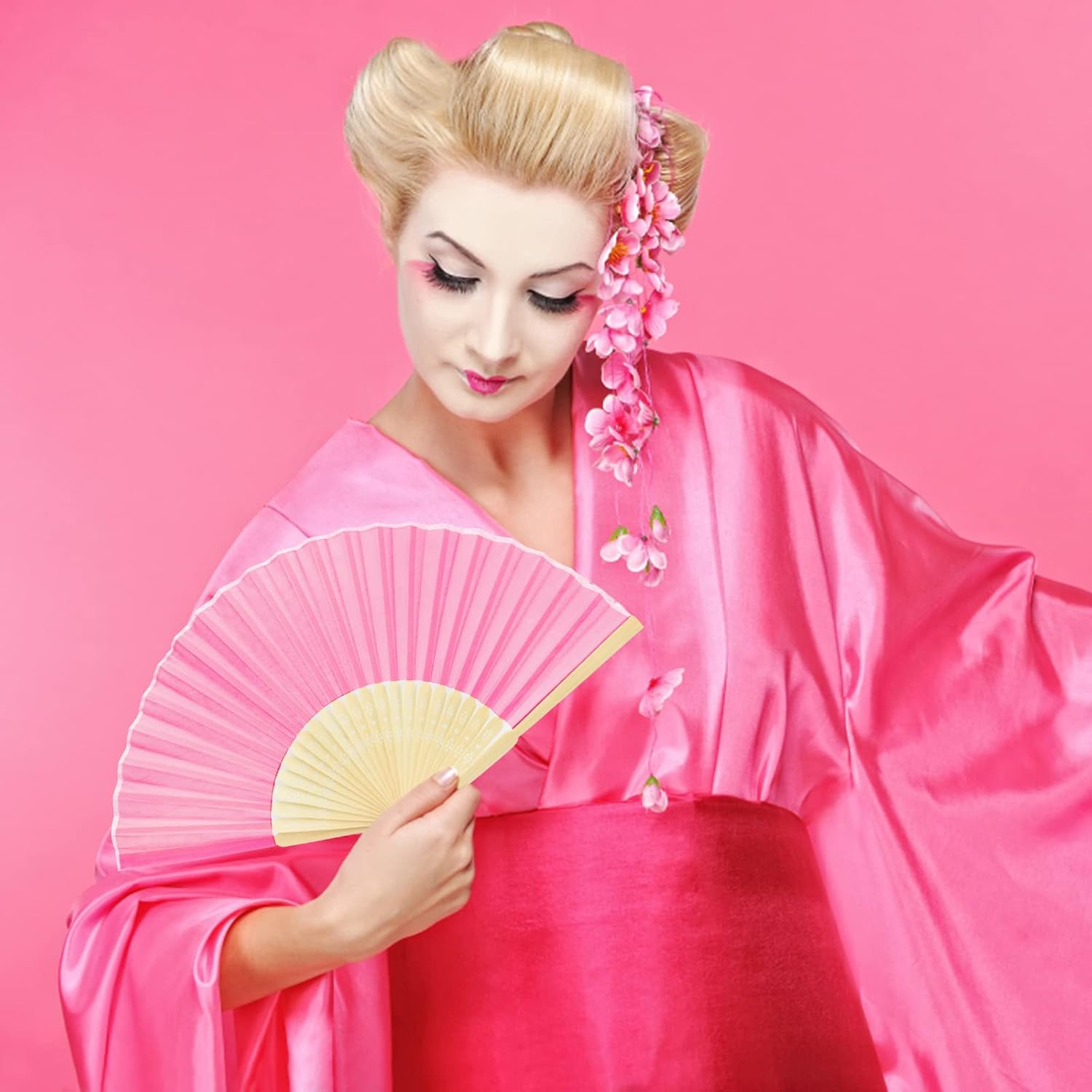 Homiliky 12 Pcs Folding Hand Fan, Silk Fabric and Bamboo Ribs Handheld Chinese Fan for Wedding Gift, Wall Decoration, Party Favor, DIY Wall (Mixed Colours), 6 Inch image number 1