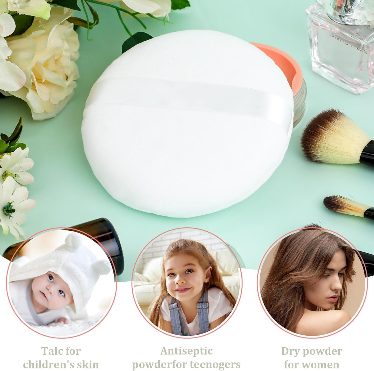 2Pcs 4.13 Inch Body Powder Puff, Soft Velour for Loose Powder - Includes Travel Container, Face & Body Makeup (White ） image number 2