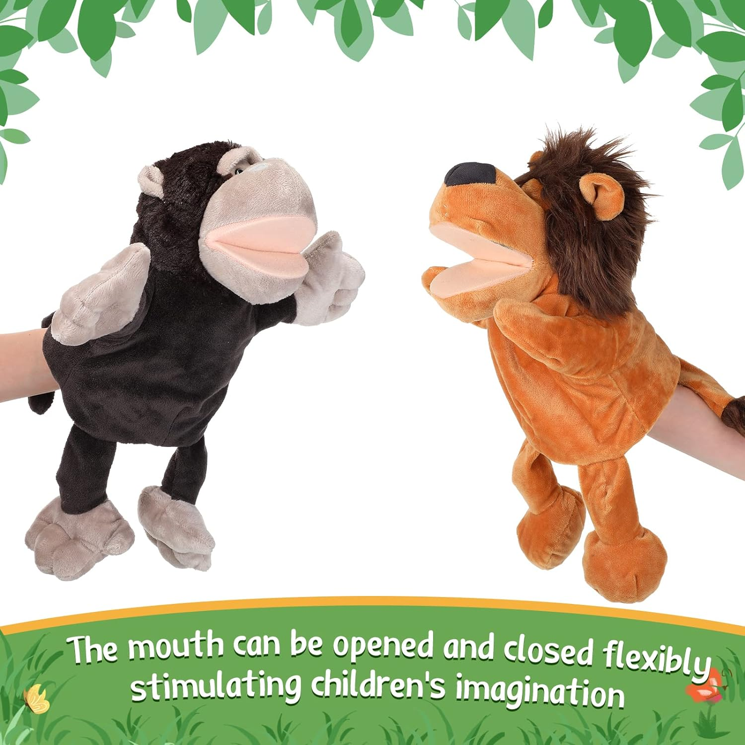 Wettarn 10 Pcs Animal Hand Puppets 12 Inch Soft Plush Lion Orangutan Giraffe Tiger Monkey for Boys and Girls Storytelling, Teaching, Role Playing image number 2