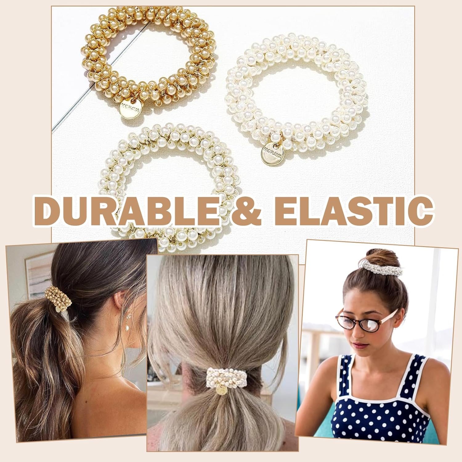 3-Piece Pearl Hair Scrunchie Beads Women'S Hair Bands with Beads Hair Band Beads Suitable for Straight, Curly and Long Hair Durable and Perfect for Any Look image number 1