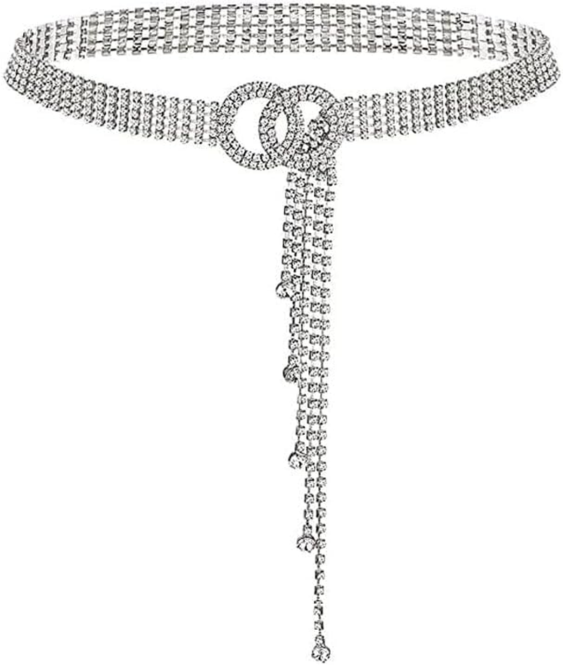 Women Rhinestone Adjustable Crystal Chain O-Ring Sparkle Belts Diamond Waistband Belts Bling for Dress Jeans image number 1
