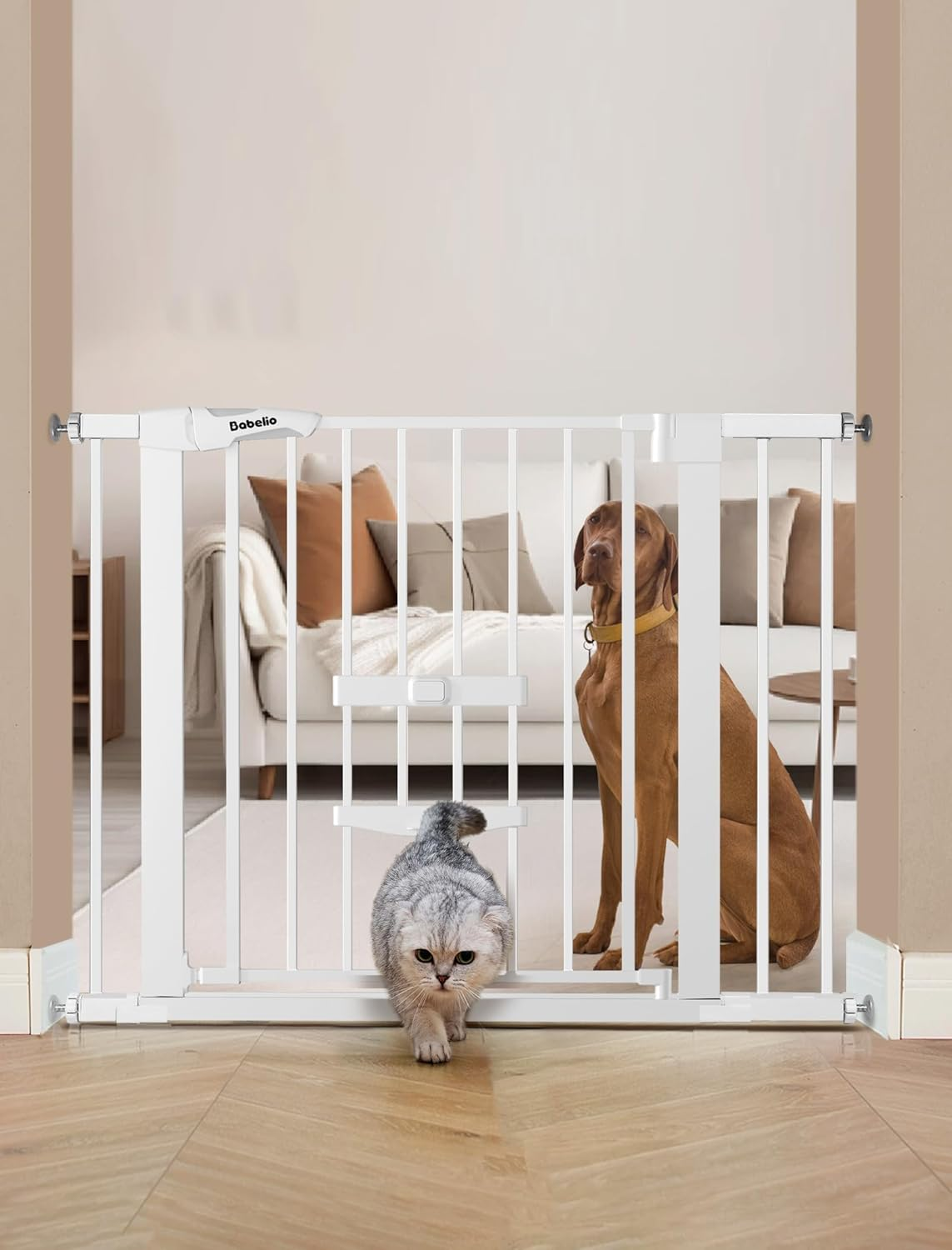 BABELIO Baby Gate with Cat Door, 73.7-101.6 CM Metal Dog Gate for Stairs & Doorways, Pressure Mounted Safety Gate with Pet Door, NO Tools Needed (76.2 CM Tall, White) image number 3